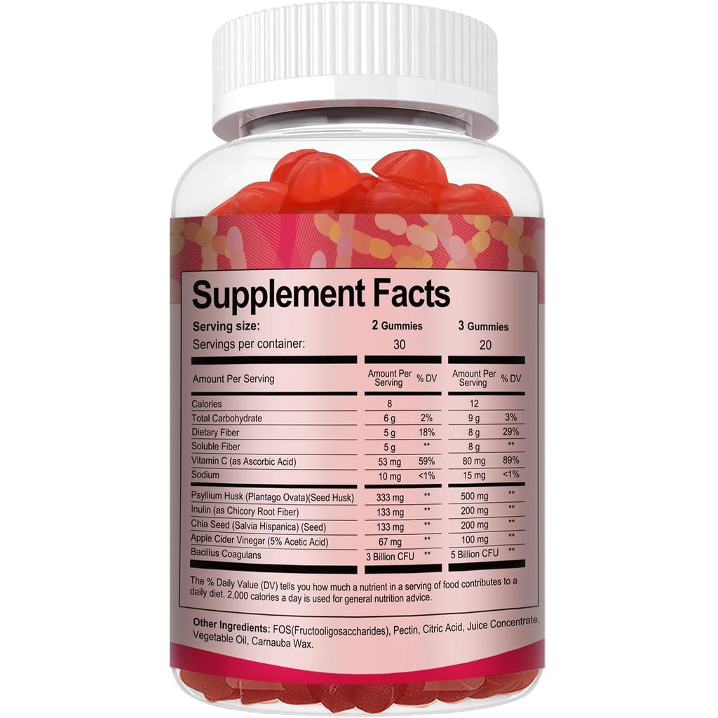 9-In-1 Probiotic Prebiotic Fiber Gummies for Adults & Teens 16G Fiber per Serving, Psyllium Husk Fiber Supplement with 5 Billion CFU Bacillus Coagulans, Inulin, ACV for Digestion & Gut - 60 Counts