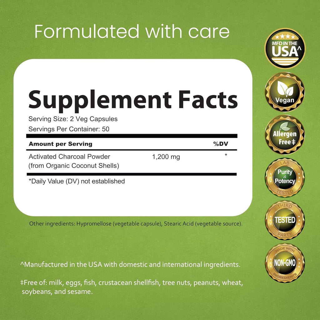 Naturalife Labs Activated Charcoal 1200 Mg per Serving – from Coconut Shells – 100 Veg Capsules – Non-Gmo, Gluten-Free, Vegan
