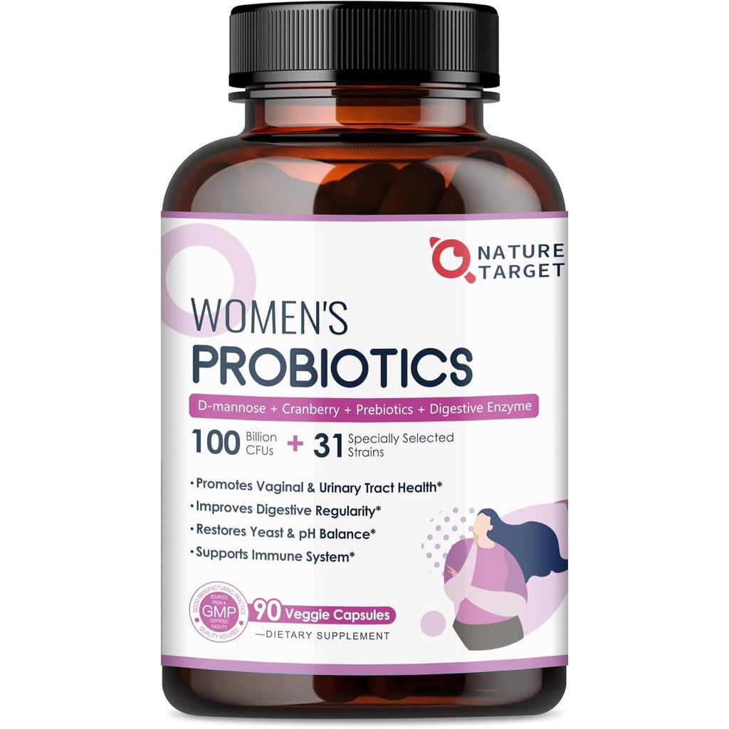 NATURE TARGET Probiotics for Women, 100 Billion Cfus Probiotic with Digestive Enzymes & Prebiotics, Vaginal Probiotics with Cranberry for Urinary Tract Health, Ph Balance, 90 Veggie Capsules