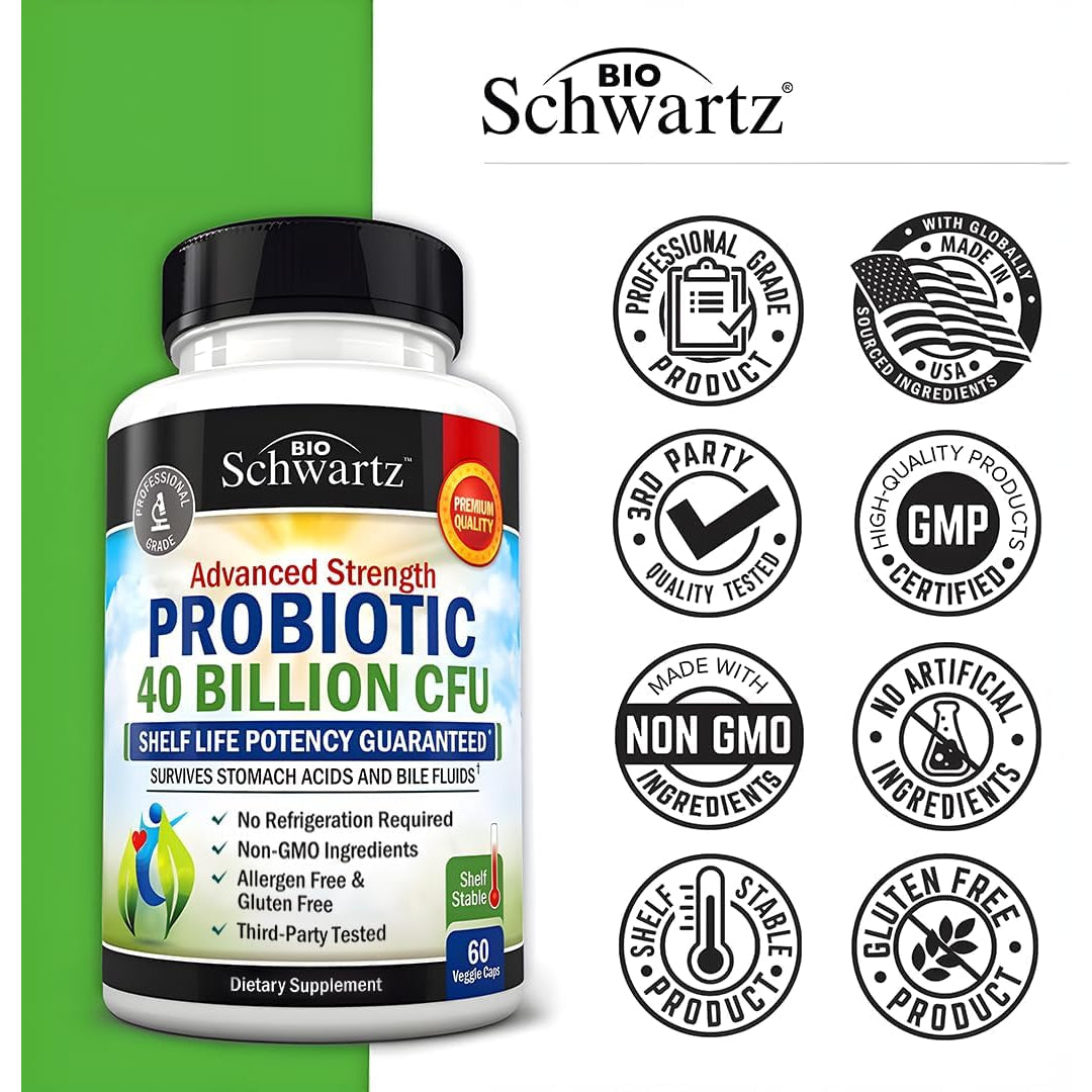 Bioschwartz Daily Probiotic Nutritional Supplement - 40 Billion CFU for Gut Health - Probiotics for Men and Women - Digestive Health with Astragalus & Lactobacillus - Shelf Stable - 60 Count