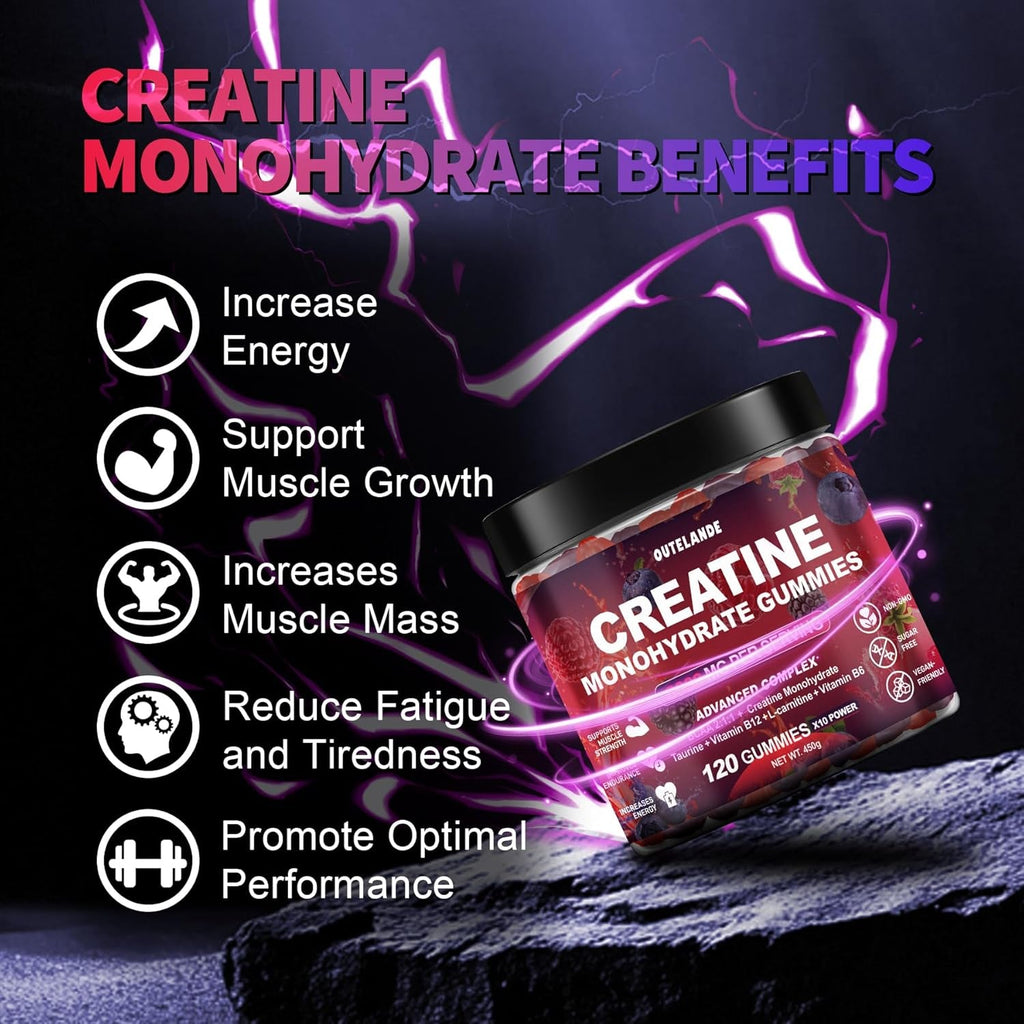 Creatine Monohydrate Gummies for Men & Women, Creatine Supplement for Enhanced Muscle Growth, Energy Boost - with L-Taurine, Sugar Free, Vegan, Raspberry Blackberry Blueberry Flavor-120 Count