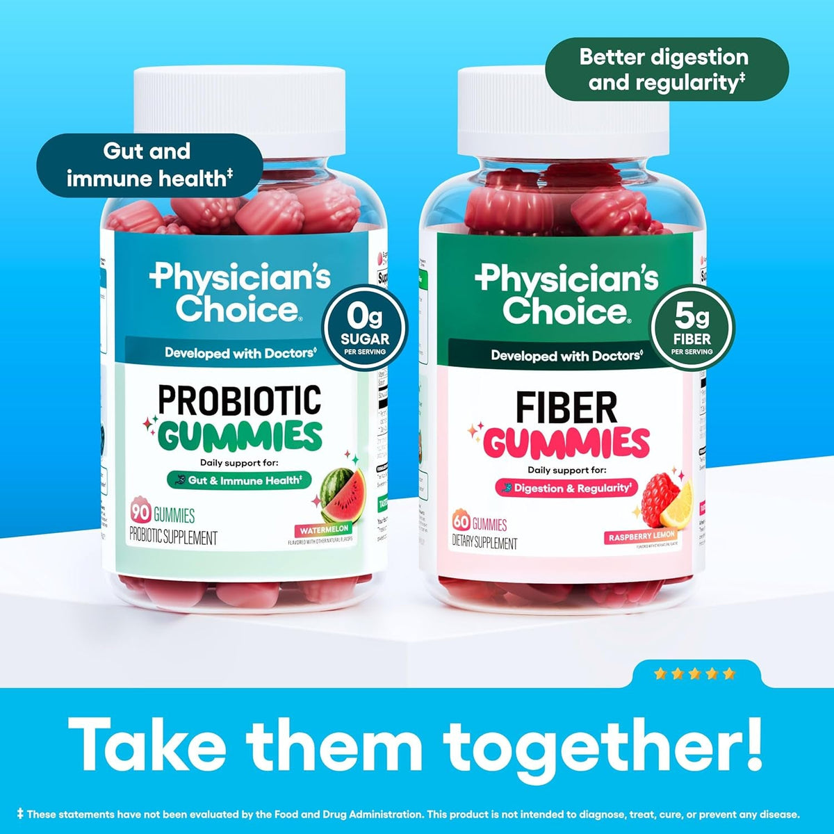 Physician'S CHOICE Probiotic Gummies with Vitamin D & Prebiotic Fiber - Sugar Free - 1B Cfus of Clinically Studied Probiotic - Supports Immune & Gut Health for Women & Men - Watermelon Flavor - 90CT