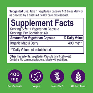 Paradise Herbs, Organic Maqui Berry Extract, 400 Mg, Fresh, Freeze-Dried Concentrate for Superior Potency, Non-Gmo, Vegan, 60 Capsules