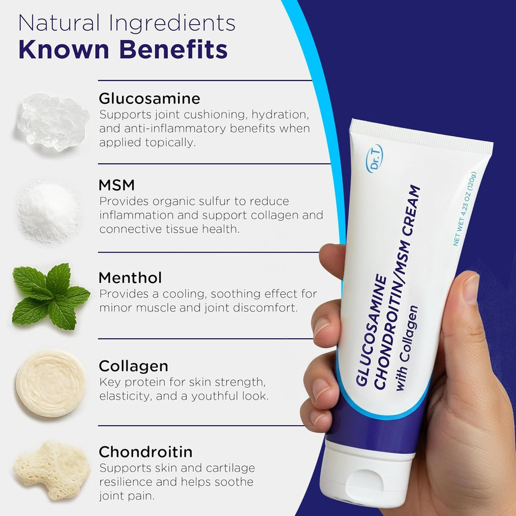 Dr. T Glucosamine Chondroitin Cream - Premium Formula with MSM and Collagen for Joint and Muscle Discomfort - Maintains Joint Strength, Flexibility & Muscle Mobility - 4.23 Oz / 120G (1 Pack)