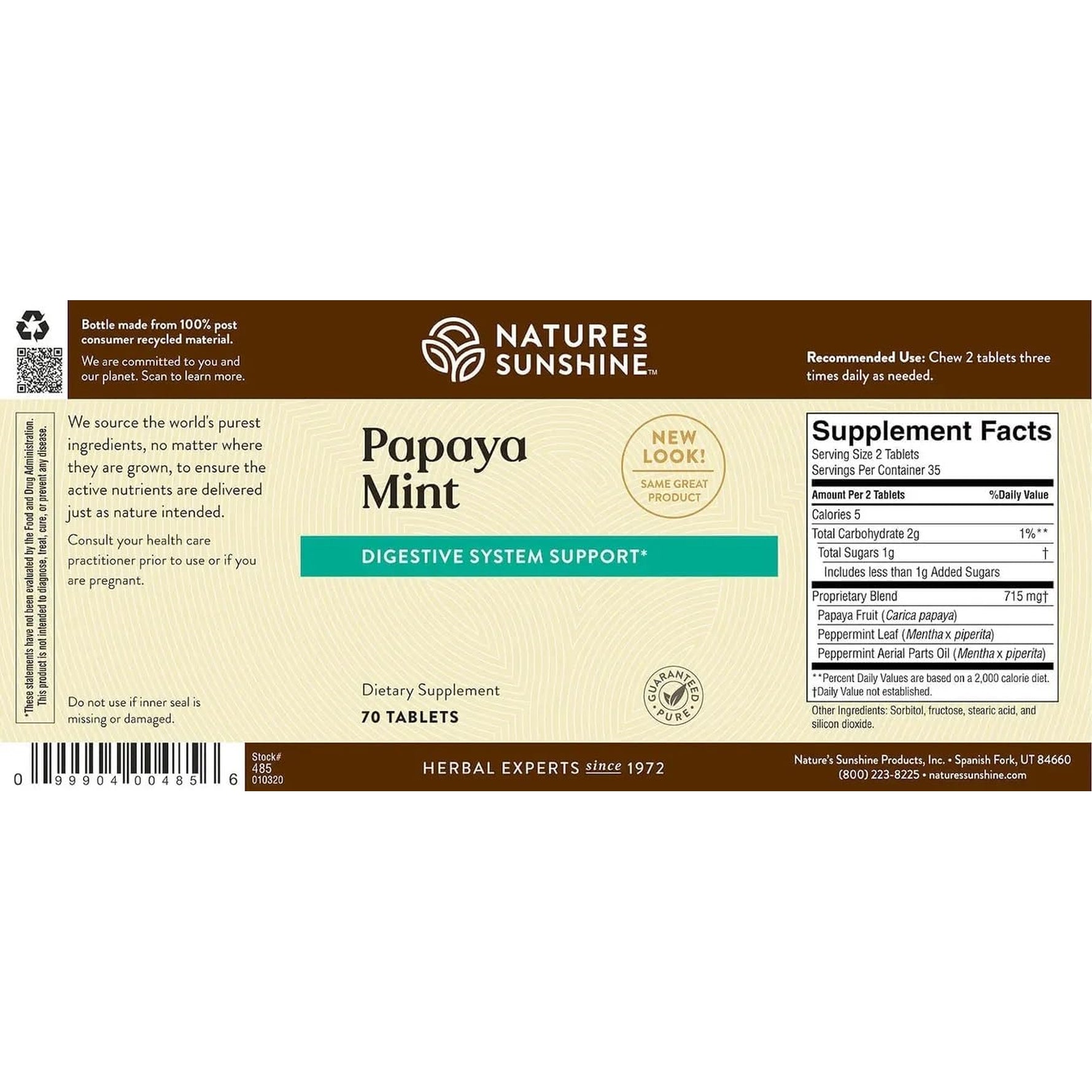 Nature'S Sunshine Papaya Mint Chewable Tablets | Digestive Enzyme Supplement with Papain & Peppermint | Supports Digestion & Fresh Breath | 70 Ct