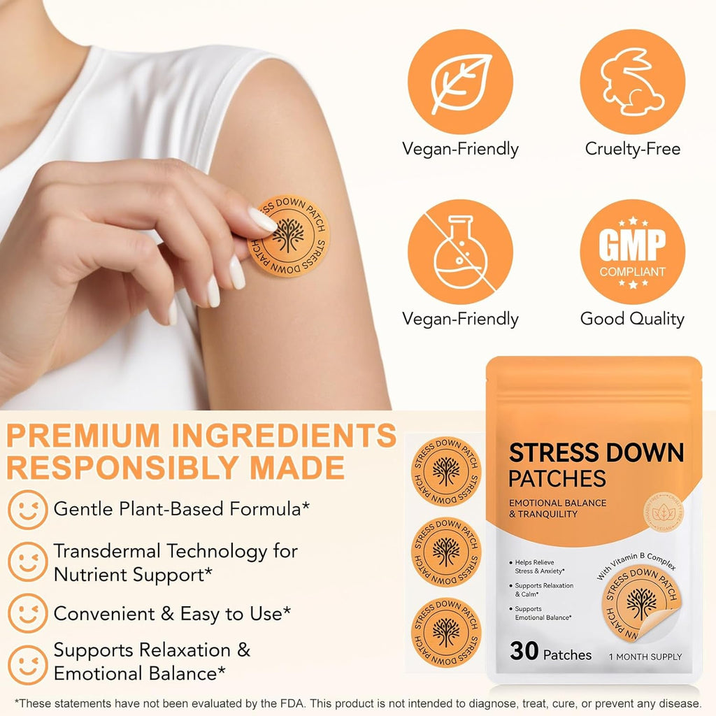 Stress down Patches - Stress & Anxiety Relief, Cortisol Level Support for Women Men, Plant-Based Formula - 30 Patches