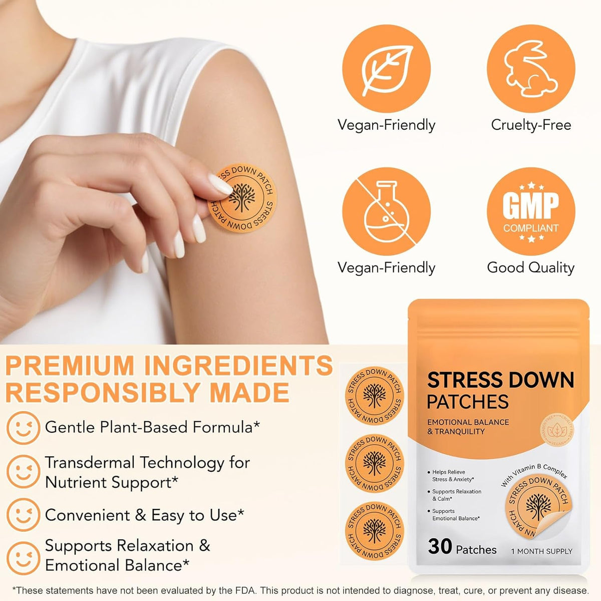 Stress down Patches - Stress & Anxiety Relief, Cortisol Level Support for Women Men, Plant-Based Formula - 30 Patches