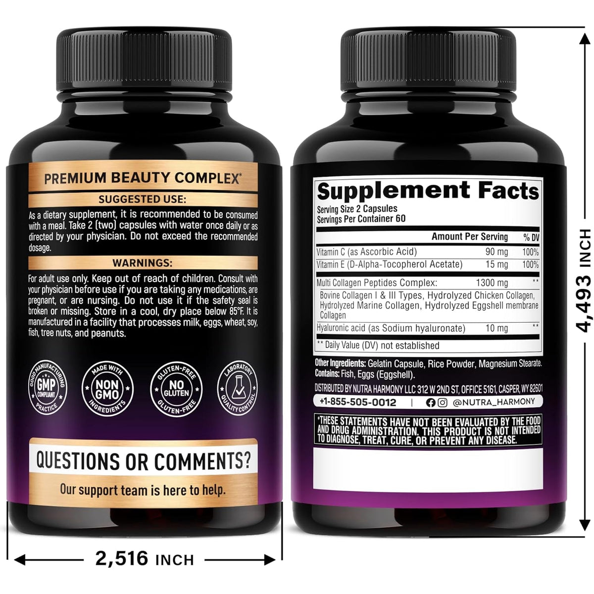 Multi Collagen Peptides - Hydrolyzed Types I, II, III, V & X - Collagen Supplement for Women 1300Mg - W/ Hyaluronic Acid, Vitamins C & E - Skin, Hair, Nails & Joint Support - Lab Tested - 120 Capsules