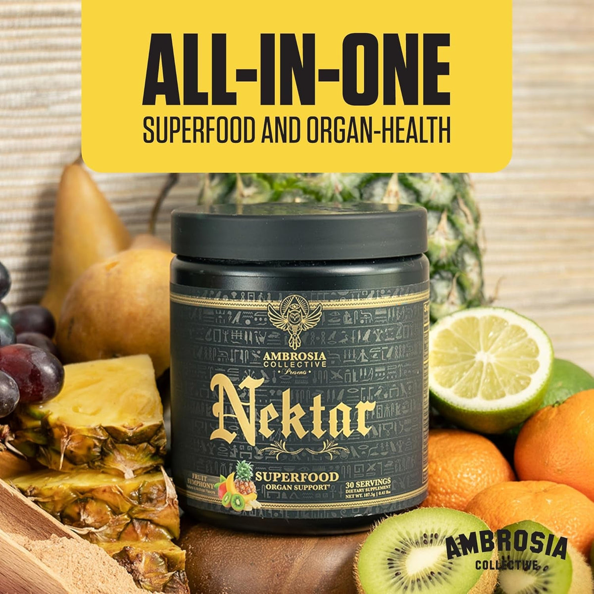 Ambrosia Superfood Organ & Cycle Support Powder | Liver & Kidney Support with Milk Thistle, Red Yeast Rice & Coq10 | 13 Superfood Ingredients | 30 Servings | Fruit Symphony