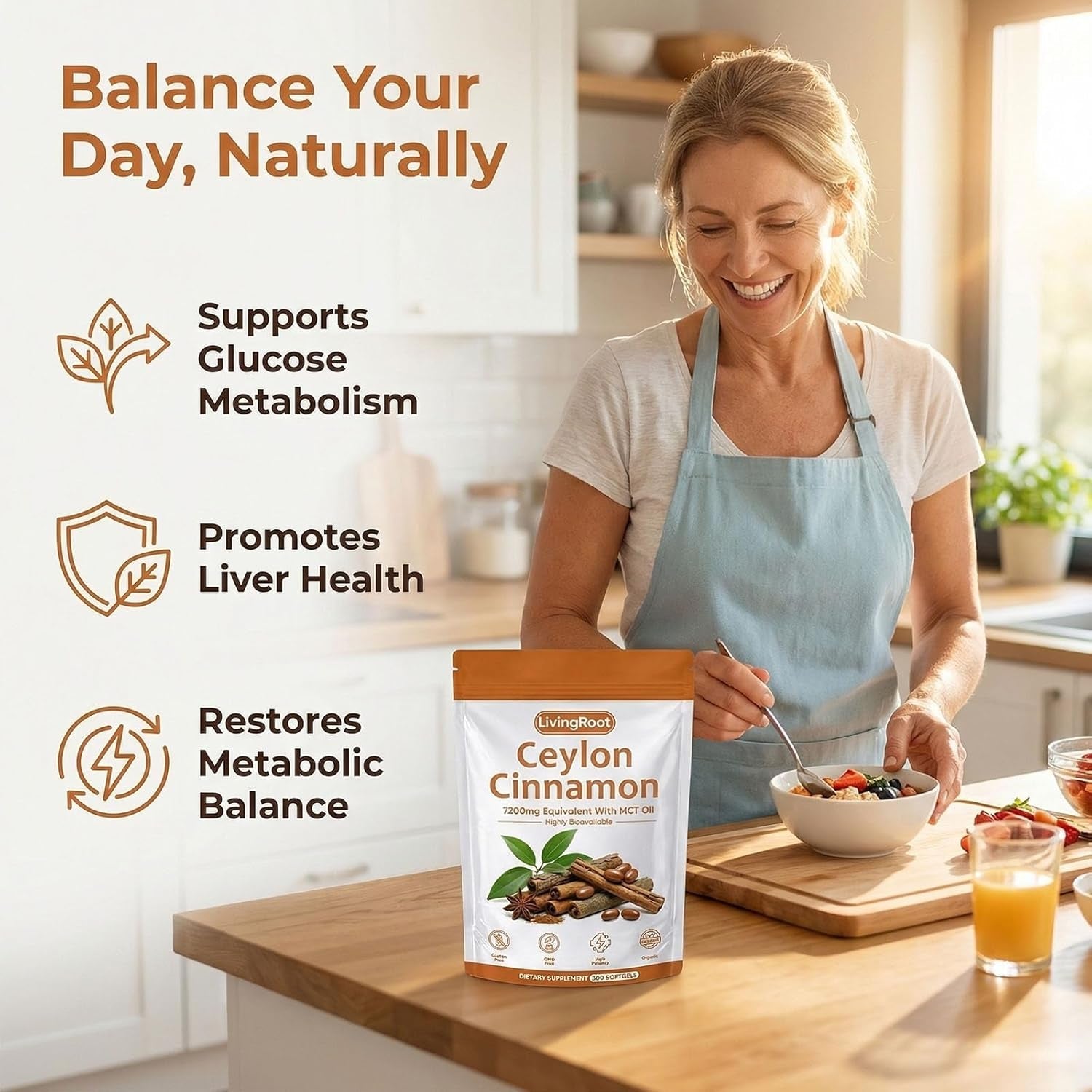 Living Root Ceylon Cinnamon - 300 Softgels 7200Mg Equivalent with MCT Oil, Livingroot Organic Ceylon Cinnamon Powder Supplement for Supports Metabolism, Liver Function & Energy (1)