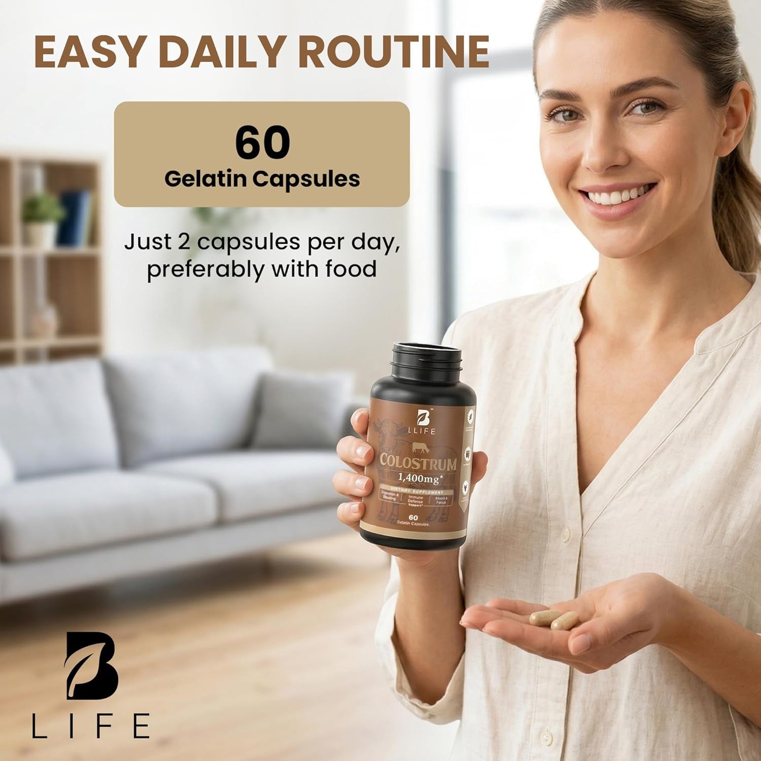 B Life Company Blife Bovine Colostrum Supplement 1400Mg – Immune & Gut Health Support – Colostrum Capsules for Digestive Health – Immune Support Supplement – 60 Capsules (30 Servings)