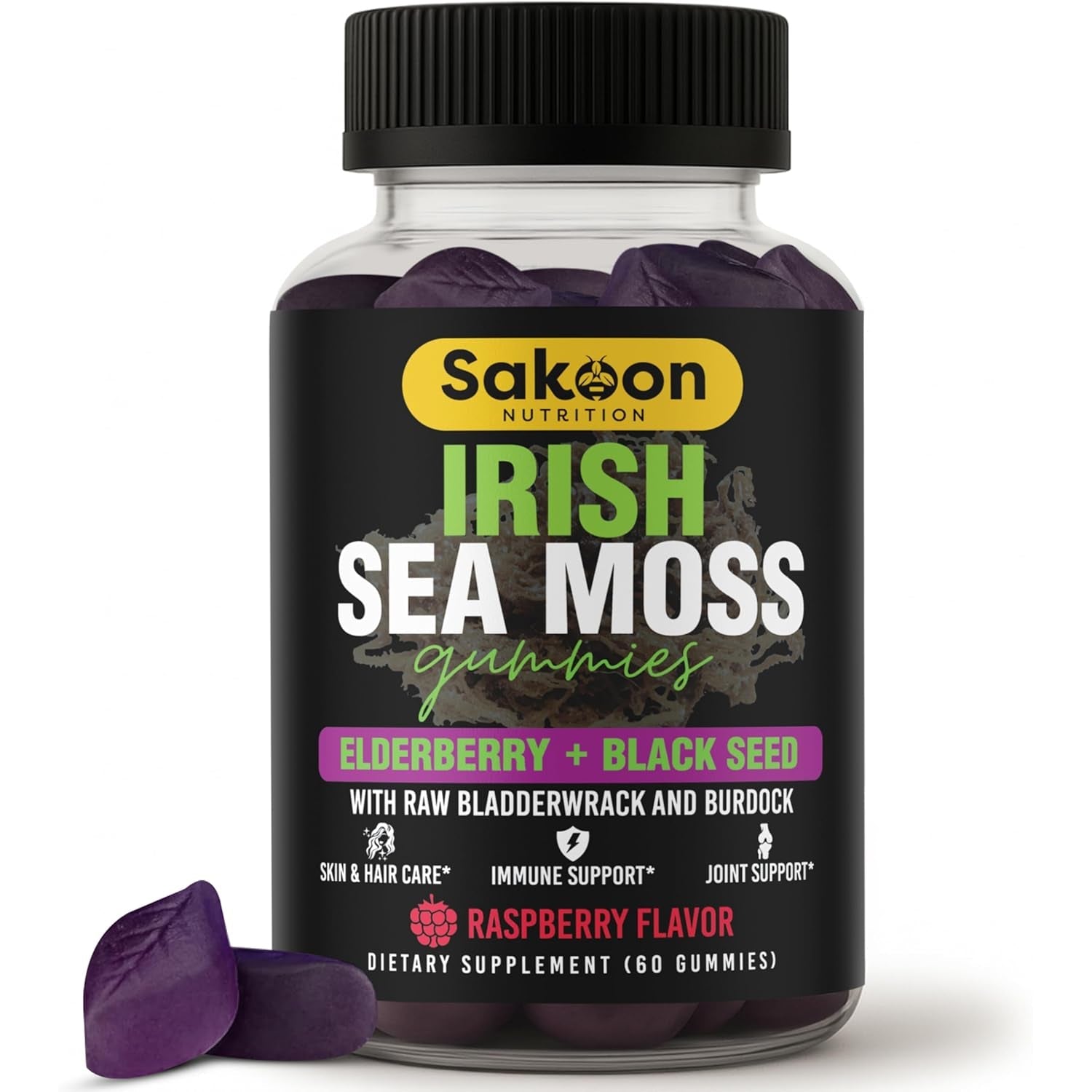 Sakoon Nutrition Irish Sea Moss Gummies with Elderberry & Black Seed Oil - Raspberry Flavor - 60 Gummies