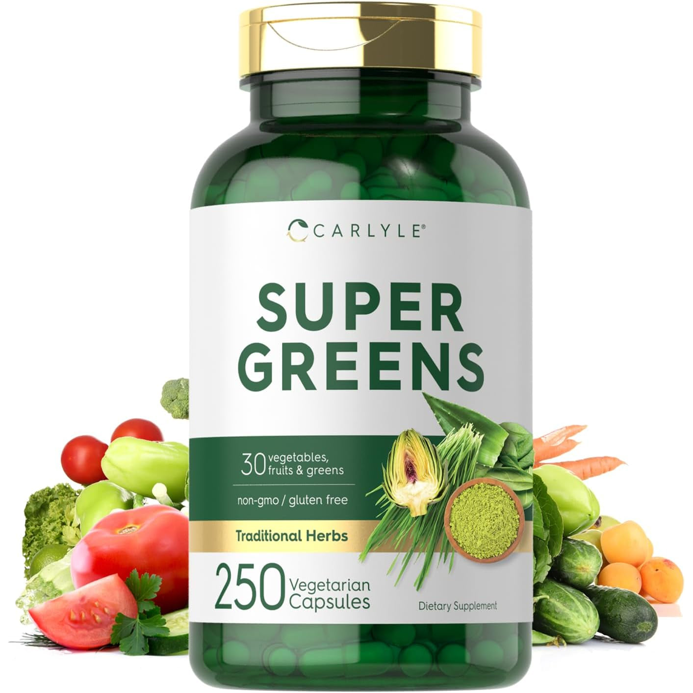 Carlyle Super Greens Capsules | 250 Count | Blend of 13 Vegetables and Greens plus 17 Fruits | Non-Gmo & Gluten Free Supplement