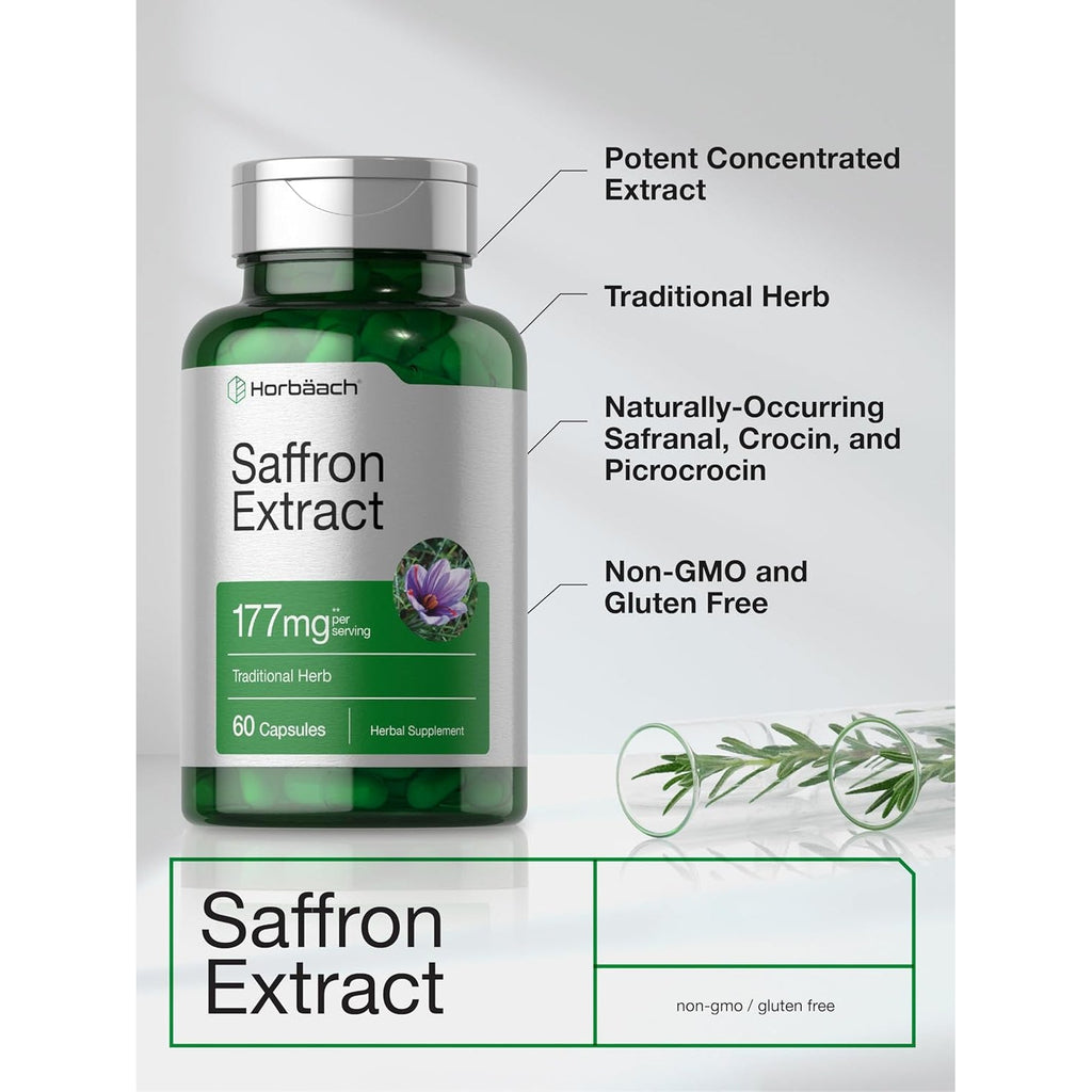 Horbäach Saffron Extract Capsules | 60 Pills | for Women and Men | Non-Gmo, Gluten Free Supplement