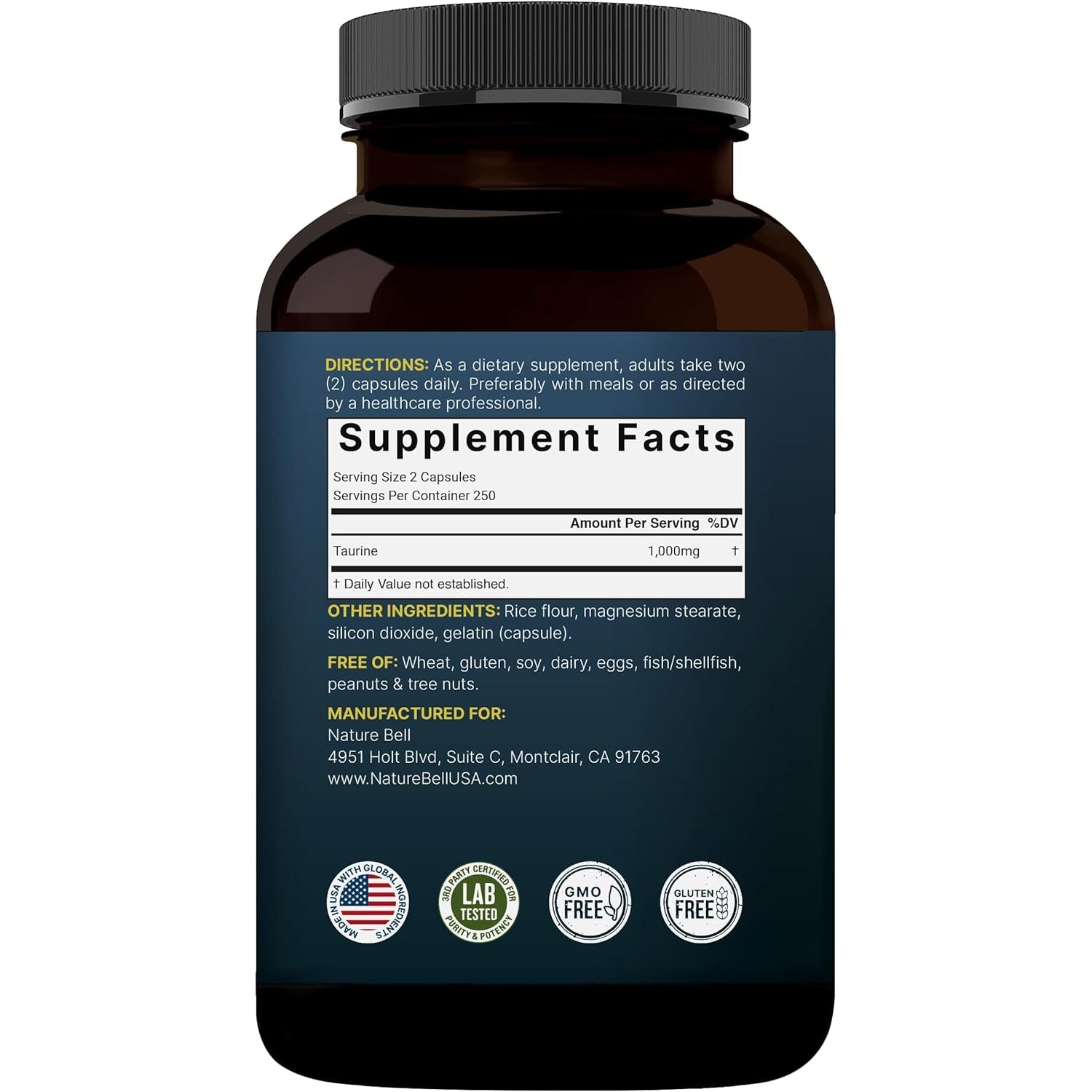 Naturebell Taurine 1,000Mg per Serving, 500 Capsules | Essential Amino Acids Supplement – Double Strength – Antioxidant Support for Heart, Muscle, Brain, & Liver Health – Non-Gmo, Gluten Free