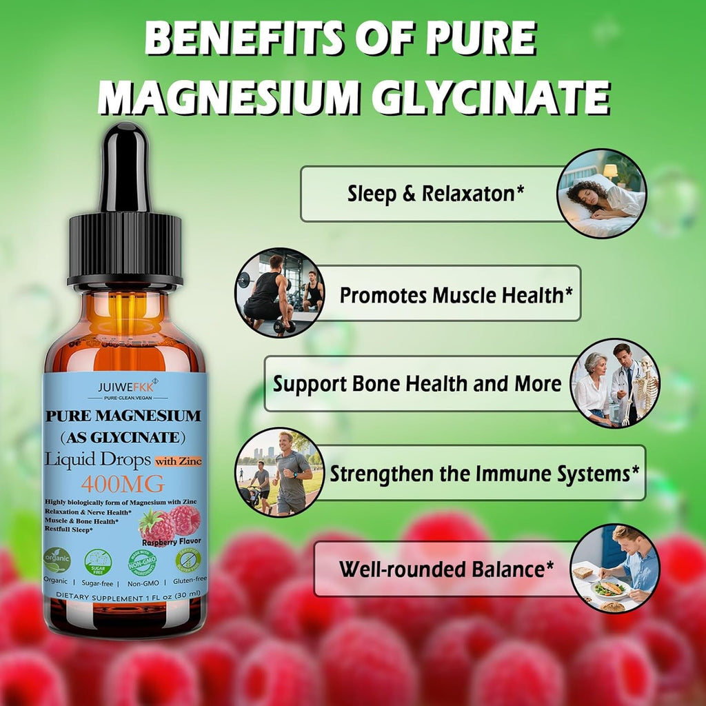 Pure Magnesium Glycinate 400Mg Liquid Drops, High Absorption Chelated Calm Magnesium with Zinc for Sleep Relaxation Muscle Bone Nerve & Brain Health, Non GMO, Vegan for Women Men & Kids