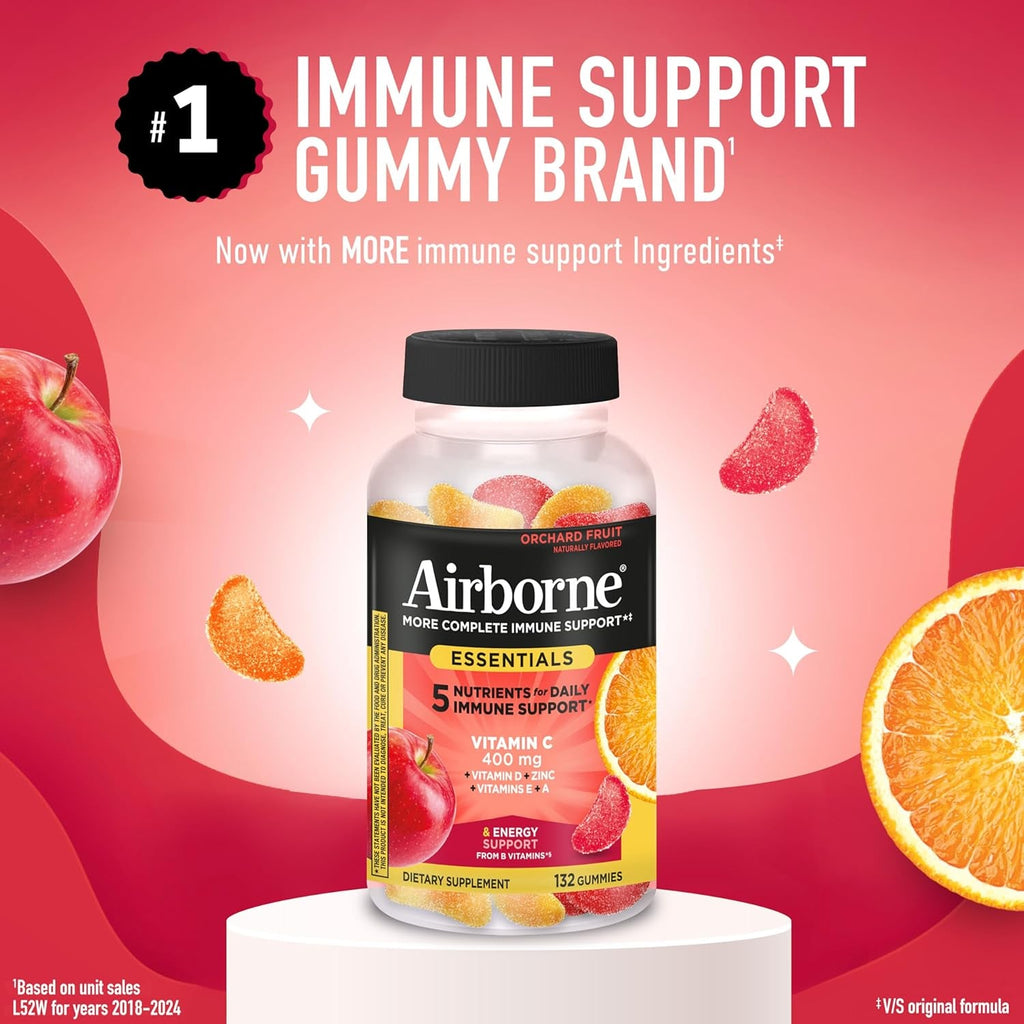 Airborne Immune Essentials Gummies, Orchard Fruit, 132Ct | 400Mg Vitamin C + Vitamins A, D, E, Zinc & B Vitamins | Daily Immune Support Gummies | Gluten Free, No Artificial Flavors