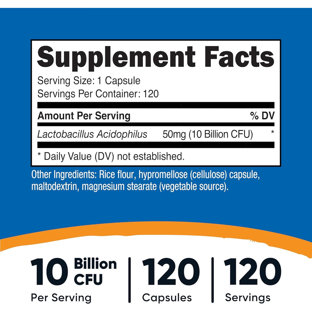 Nutricost Lactobacillus Acidophilus 10 Billion CFU, 120 Vegetarian Capsules