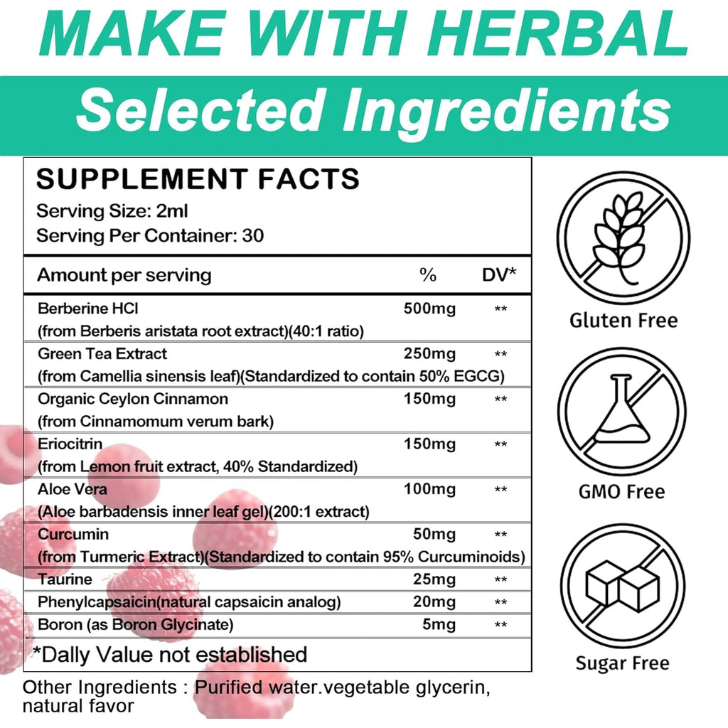 GLP-1 Supplements Drops | 9-In-1 Premium GLP1 Boost W. Berberine, Ceylon Cinnamon, Green Tea Extra- Ct Eriocitrin, Naturally GLP 1 Support for Metabolism & Gut Digestion丨Raspberry, Sugar Free