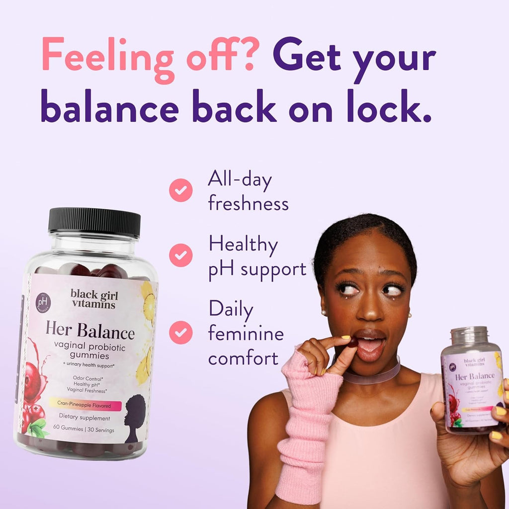 Black Girl Vitamins Her Balance Vaginal Probiotic Gummies – Ph Balance & Odor Support, Feminine Health + Urinary Tract Support, 2B CFU Lactobacillus, Vegan, Gluten-Free, Halal (30-Day Supply)