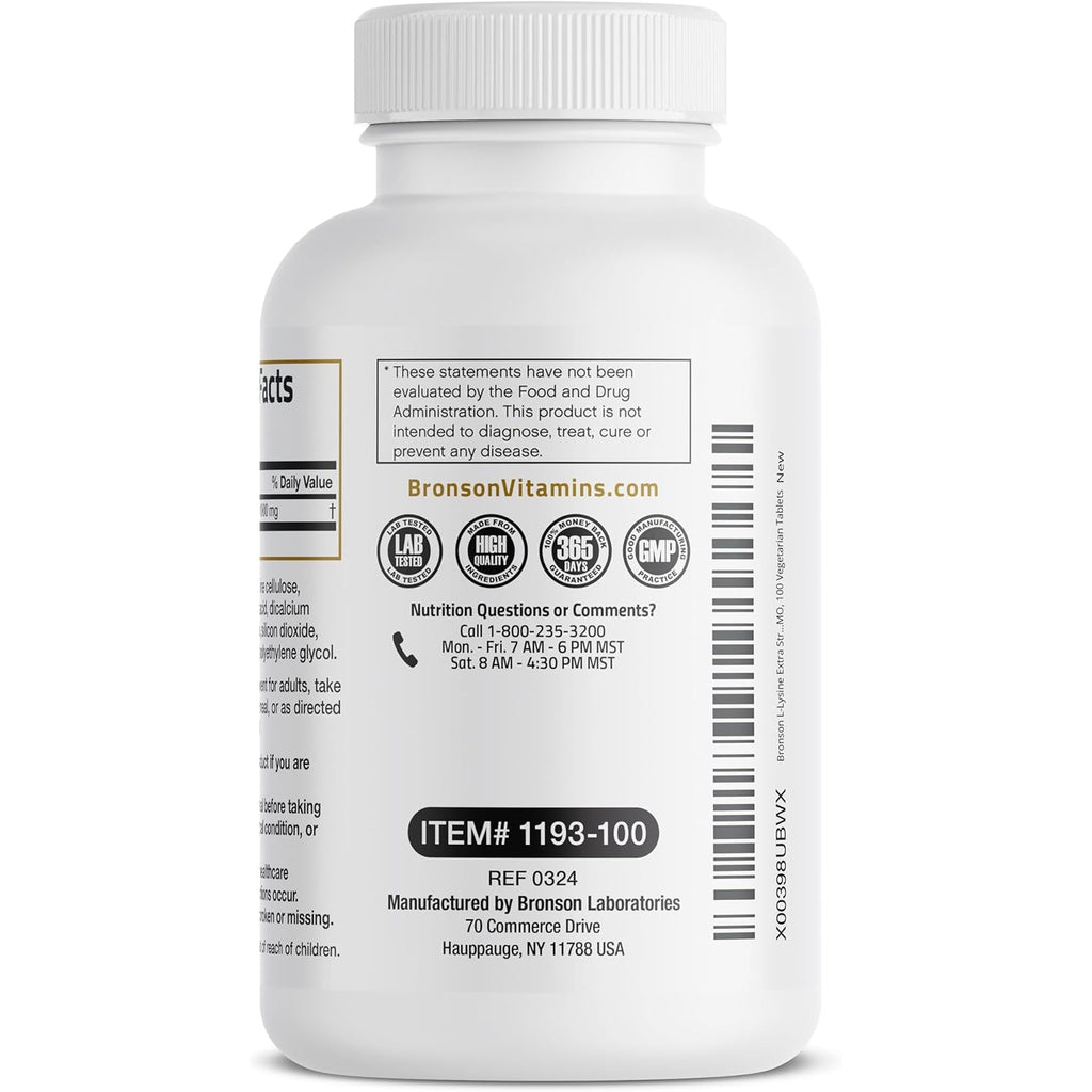 Bronson L-Lysine Extra Strength 1000 MG per Tablet High Potency, Immune Support & Supports Collagen Synthesis, Non-Gmo, 100 Vegetarian Tablets