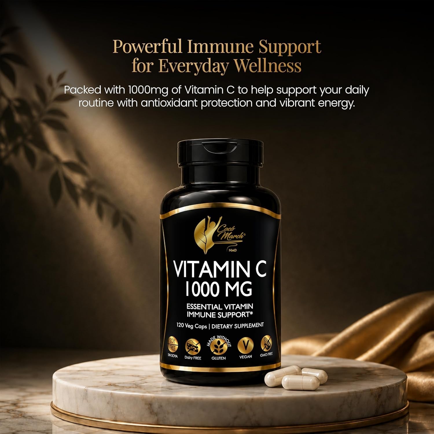 Cocó March N.M.D Vitamin C 1000Mg – Gluten Free & Vegan Immune Support Supplement – Vitamin C for Women & Men - Soy Free, Dairy Free & Non-Gmo – Easy-To-Swallow, 120 Veg Capsules