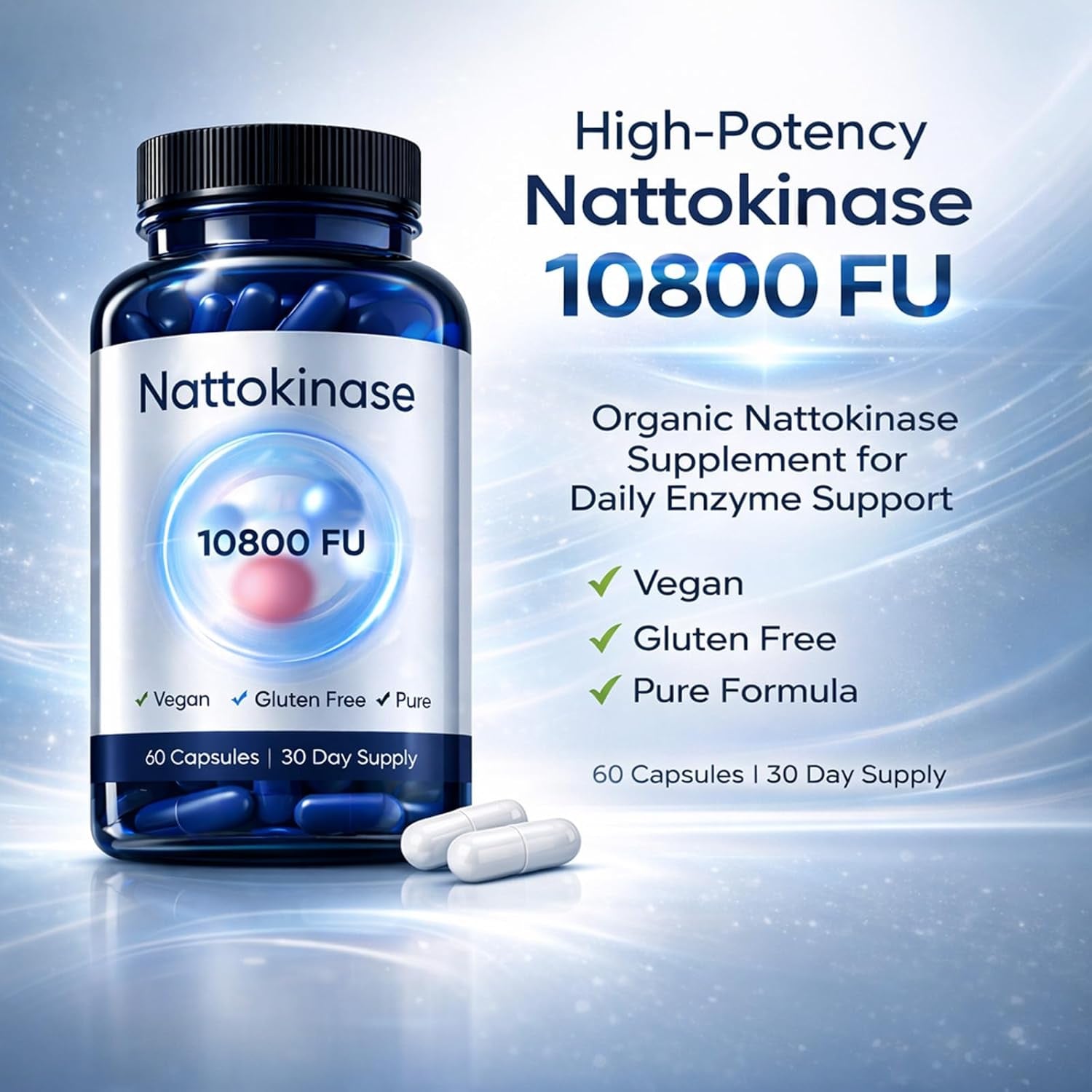 Ultimate Nattokinase Capsules, Nattokinase Supplement Organic 10800 FU per Serving for Heart Health, and Daily Wellness Support, Vegan, Gluten Free, 60 Capsules (1)