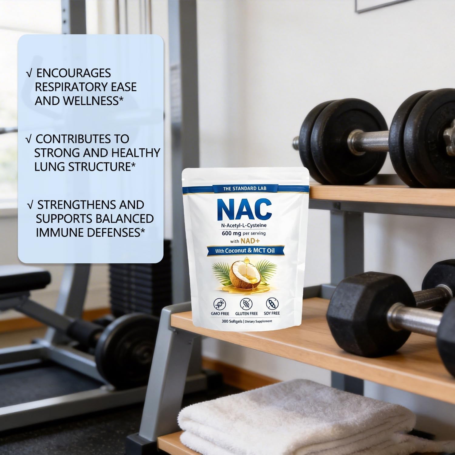NAC 600Mg | N-Acetyl Cysteine with NAD+ & Coconut Oil | Nicotinamide Complex | Non-Gmo | 300 Count