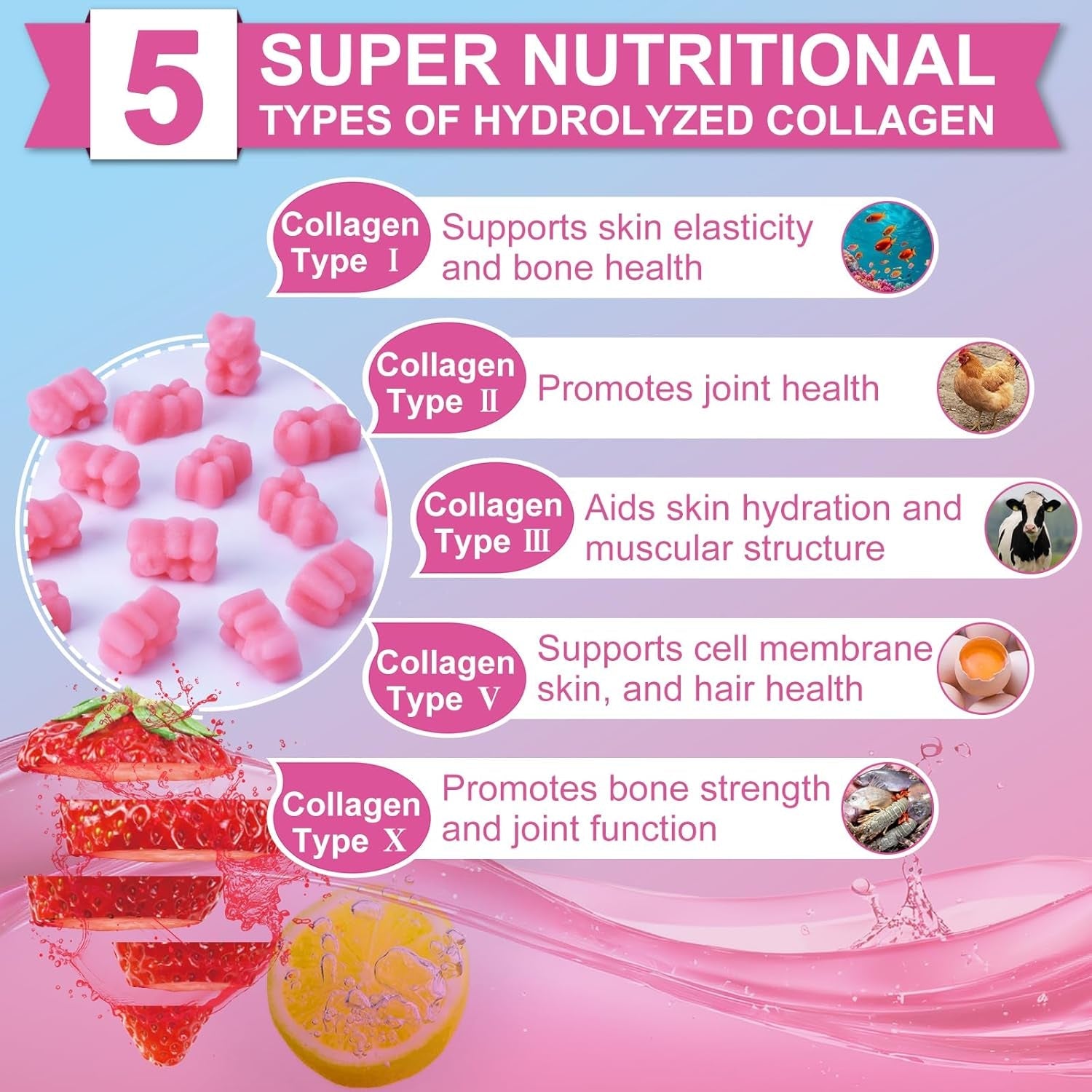 Nature'S Live Multi Collagen Peptides Gummies, Type I, II, III, V, X - Hydrolyzed Collagen Peptides with Biotin, Hyaluronic Acid, Supports Healthy Skin, Strong Nails & Thick Hair, 60 Count, 1 Pack
