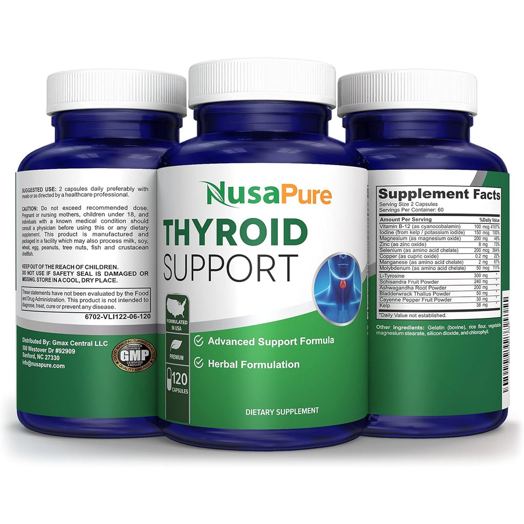 Nusapure Thyroid Support Supplement (Non-Gmo) 120 Caps, Ashwaganda, Iodine, Zinc, Kelp, Vitamin B12, L-Tyrosine, Selenium, Copper