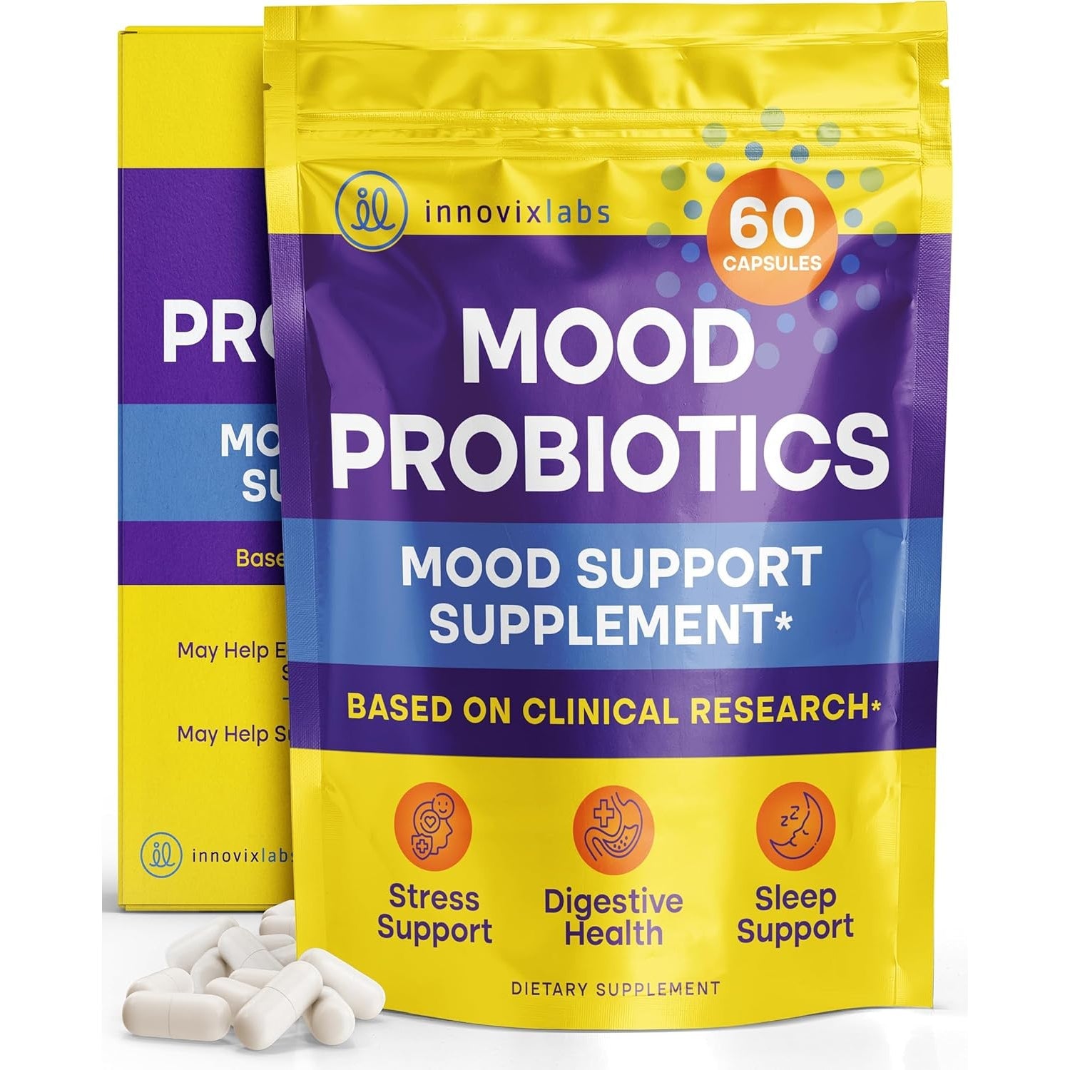 Innovixlabs Mood Probiotic for Women & Men, Clinically Studied Digestive & Mood Support Supplement, Lactobacillus Helveticus Rosell-52Nd & Bifidobacterium Longum Rosell-175, 60 Capsules