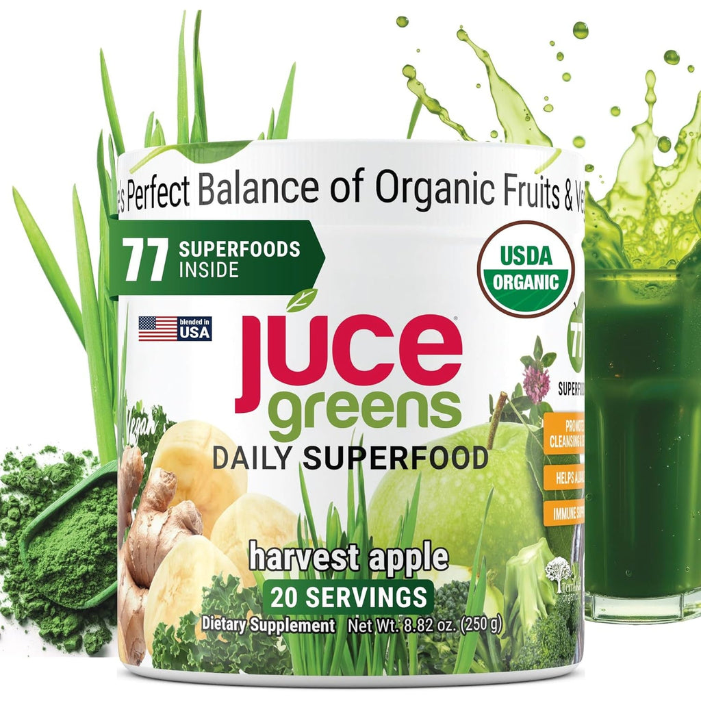 Terra Kai Organics JUCE Green Superfood Powder, Organic Fruits and Veggies Supplement W/ 77 Superfoods plus Prebiotic Probiotic Blend, Harvest Apple Flavor - 20 Servings (250 G)