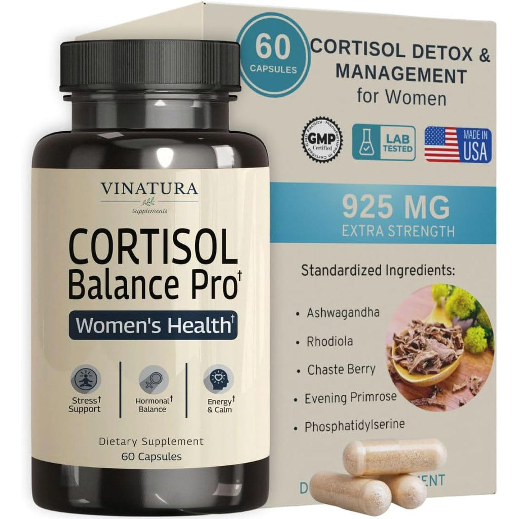 VINATURA Cortisol Supplements for Women - Cortisol Detox and Management - Adrenal Support, Stress Support, 60 Vegan Capsules