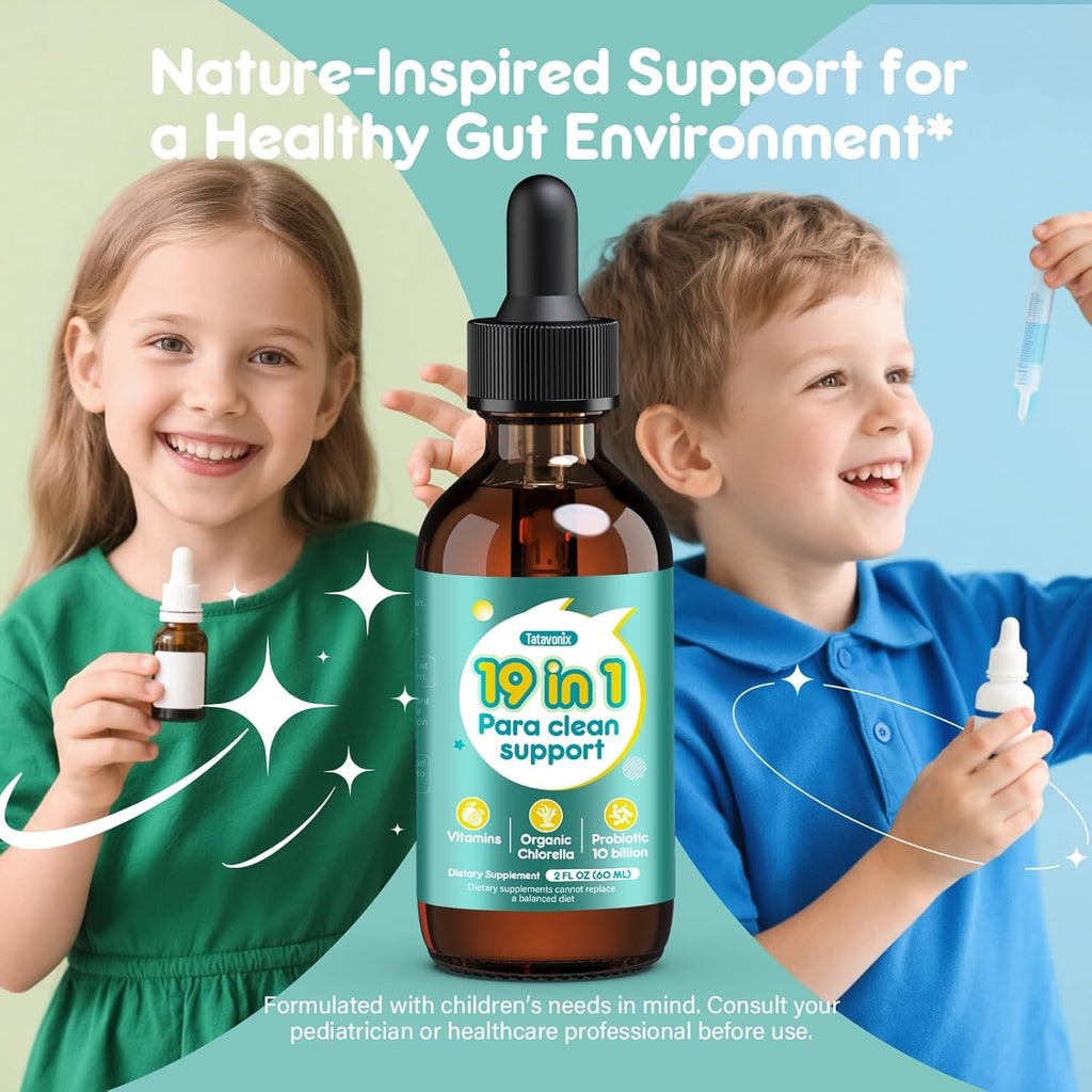 19 in 1 Herbal Gut Cleanse Drops – Wormwood, Black Walnut, Chlorella 250Mg, 10B Probiotics, Clove & Oregano – Liquid Detox Support for Adults & Kids, Alcohol-Free, 2Oz