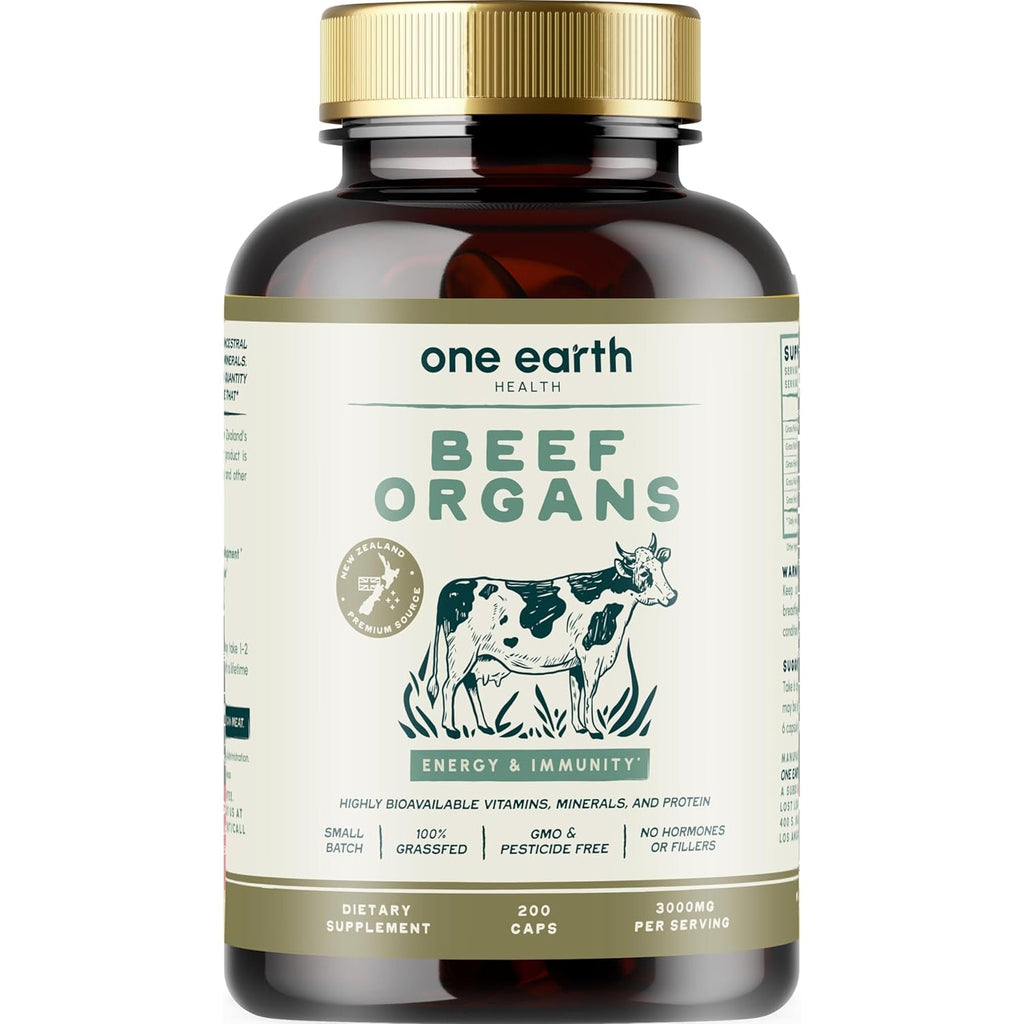 One Earth Health New Zealand 100% Grass Fed Beef Organs – (200 Count, 3,000Mg Serving) Liver, Heart, Kidney, Pancreas, Spleen Supplement. Organ Meat Complex Sourced from New Zealand