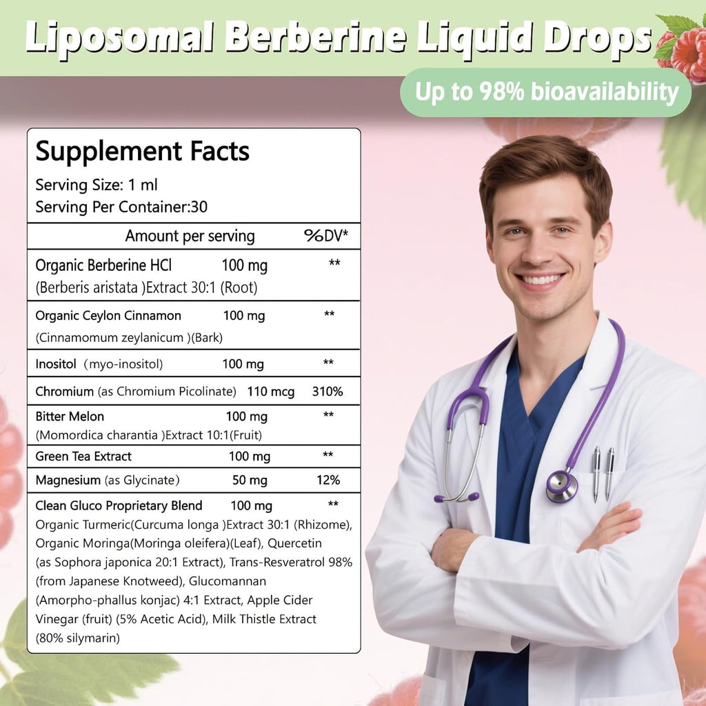 Liposomal Berberine Liquid Drops, 14-In-1 Berberine HCL with Ceylon Cinnamon Chromium Picolinate Magnesium Bitter Melon Milk Thistles | Organic Berberine Complex for Blood Sugar Liver Heart Metabolic