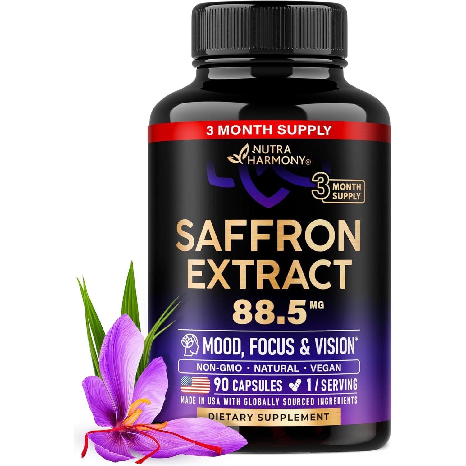 Natural Saffron Supplements - Pure Saffron Extract 88.5 Mg - Mood | Focus | Vision | Energy Support - Eye Health for Women & Men - Lab Tested - Nongmo Vegan Pills - 90 Powder Capsules, 3 Month Supply