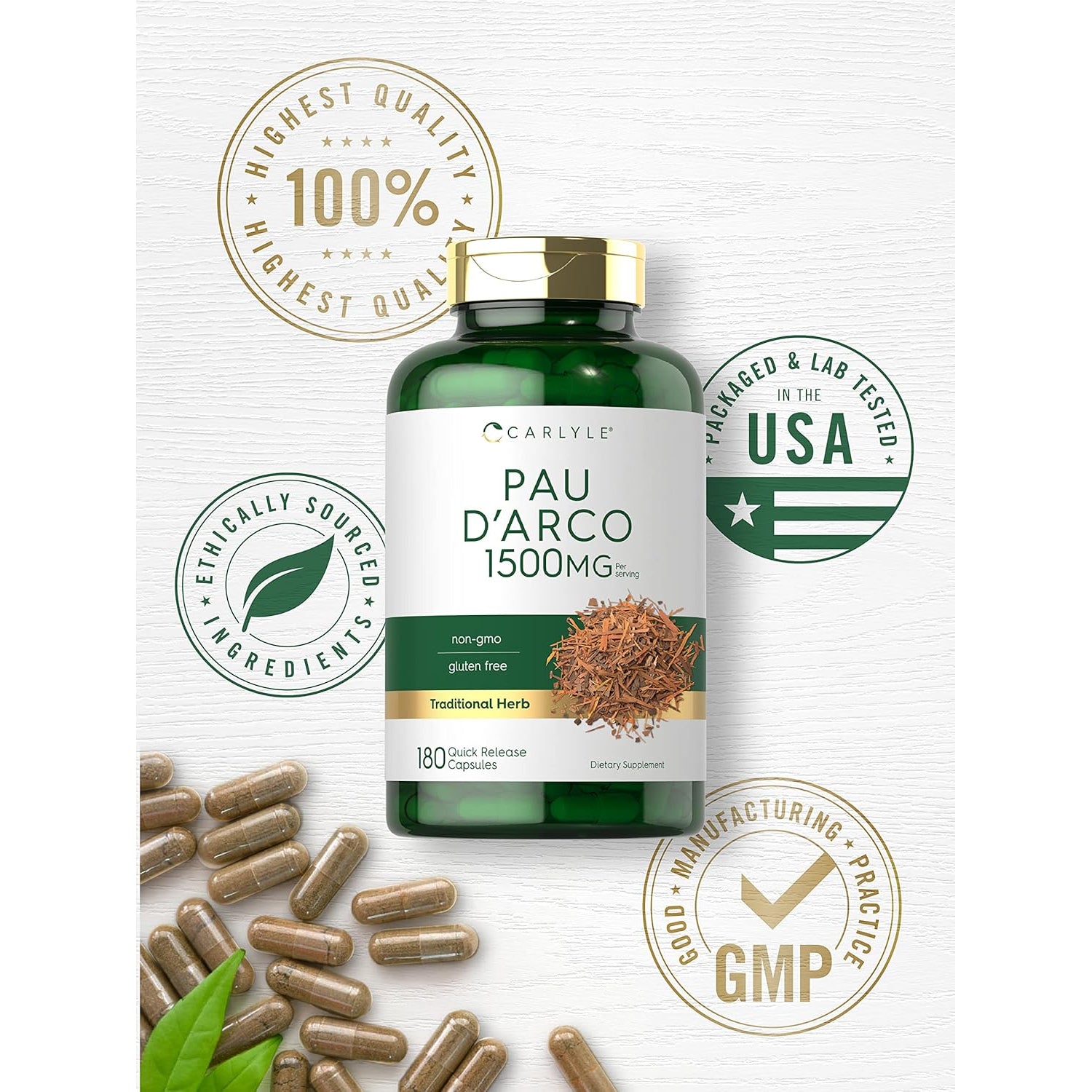 Carlyle PAU D'Arco Capsules | 1500Mg | 180 Count | Herbal Supplement | Non-Gmo, Gluten Free