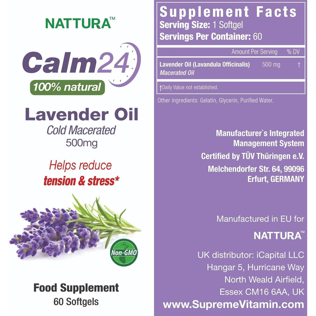 Nattura Calm Aid Lavender Oil Pills - 500Mg - 60 Softgels - 100% Natural, Helps Reduce Stress, Calming for Body & Mind, Non-Gmo, Certified Kosher