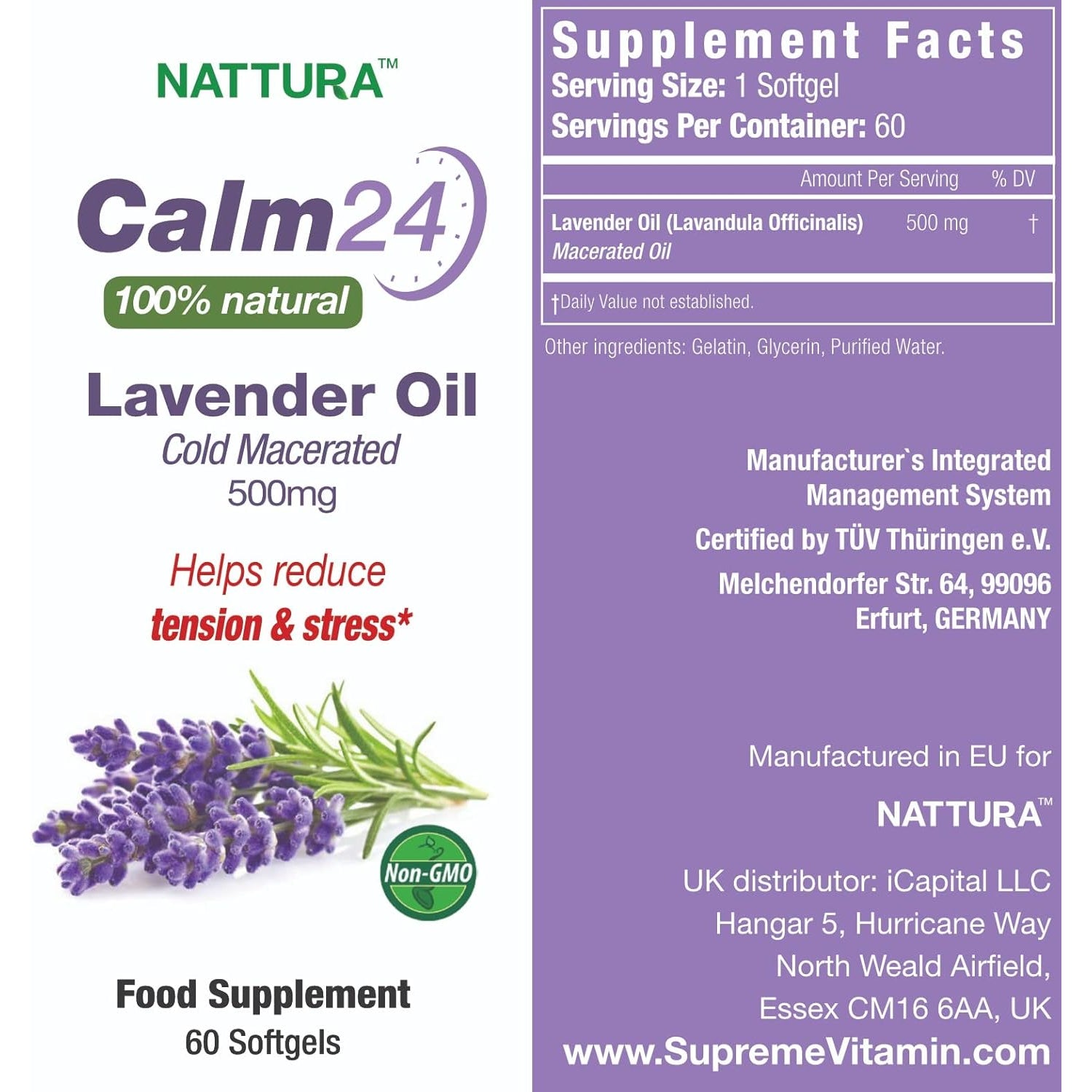 Nattura Calm Aid Lavender Oil Pills - 500Mg - 60 Softgels - 100% Natural, Helps Reduce Stress, Calming for Body & Mind, Non-Gmo, Certified Kosher