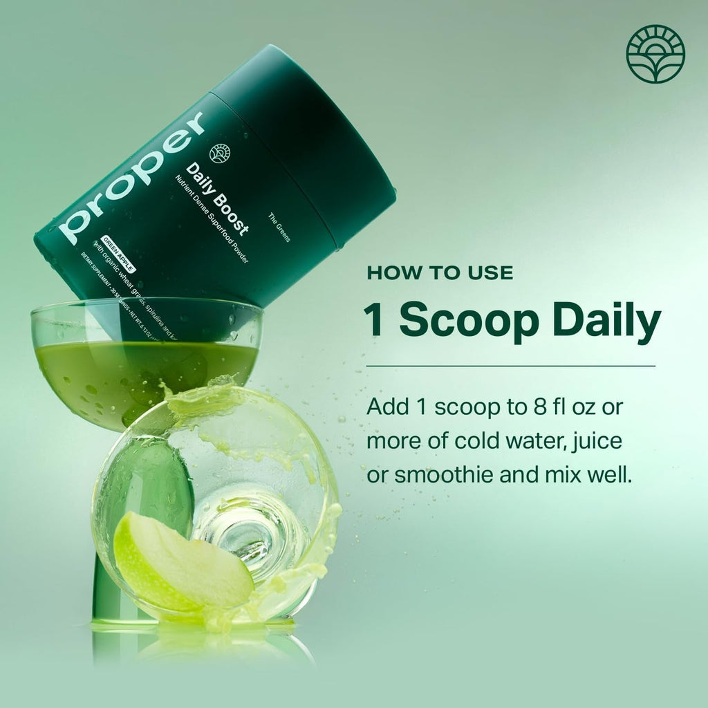 Proper, the Greens Daily Boost Organic Greens Powder. Whole Food, Apple Flavour Veggie Powder Superfood with Wheatgrass, Spirulina, Chlorella, Probiotics. Daily Drink Mix for Wellness and Digestion