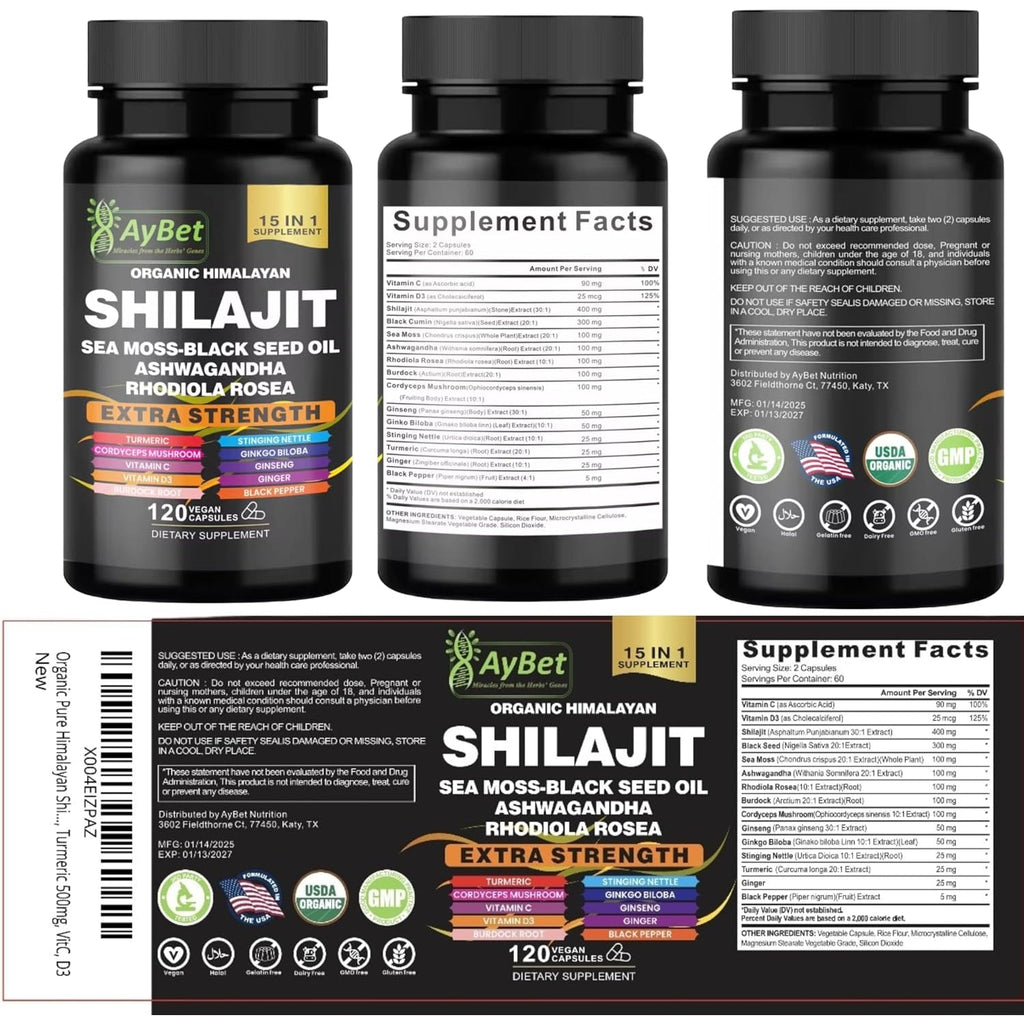 Shilajit for Men and Women-Organic Himalayan Shilajit Capsules with Sea Moss, Black Seed Oil, Ashwagandha, Rhodiola Rosea, Burdock, Cordyceps Mushroom, Ginseng, Turmeric, Ginger, 120 Capsules