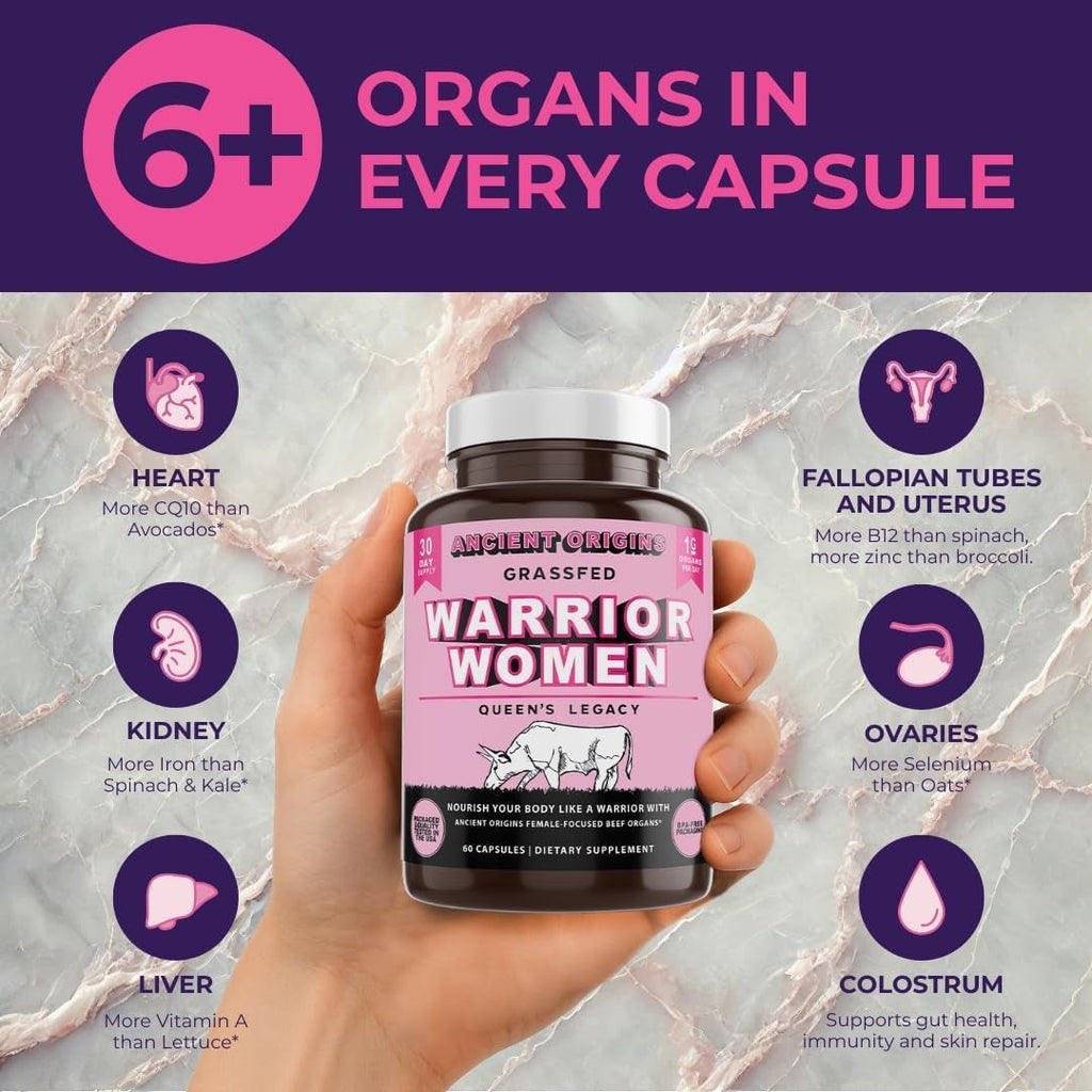 Ancient Origins Women’S Beef Organ Complex – 7 Grass Fed Organs (Liver, Heart, Colostrum & More) – Pasture Raised, Grass Finished – Balance Hormones, Boost Energy & Wellness