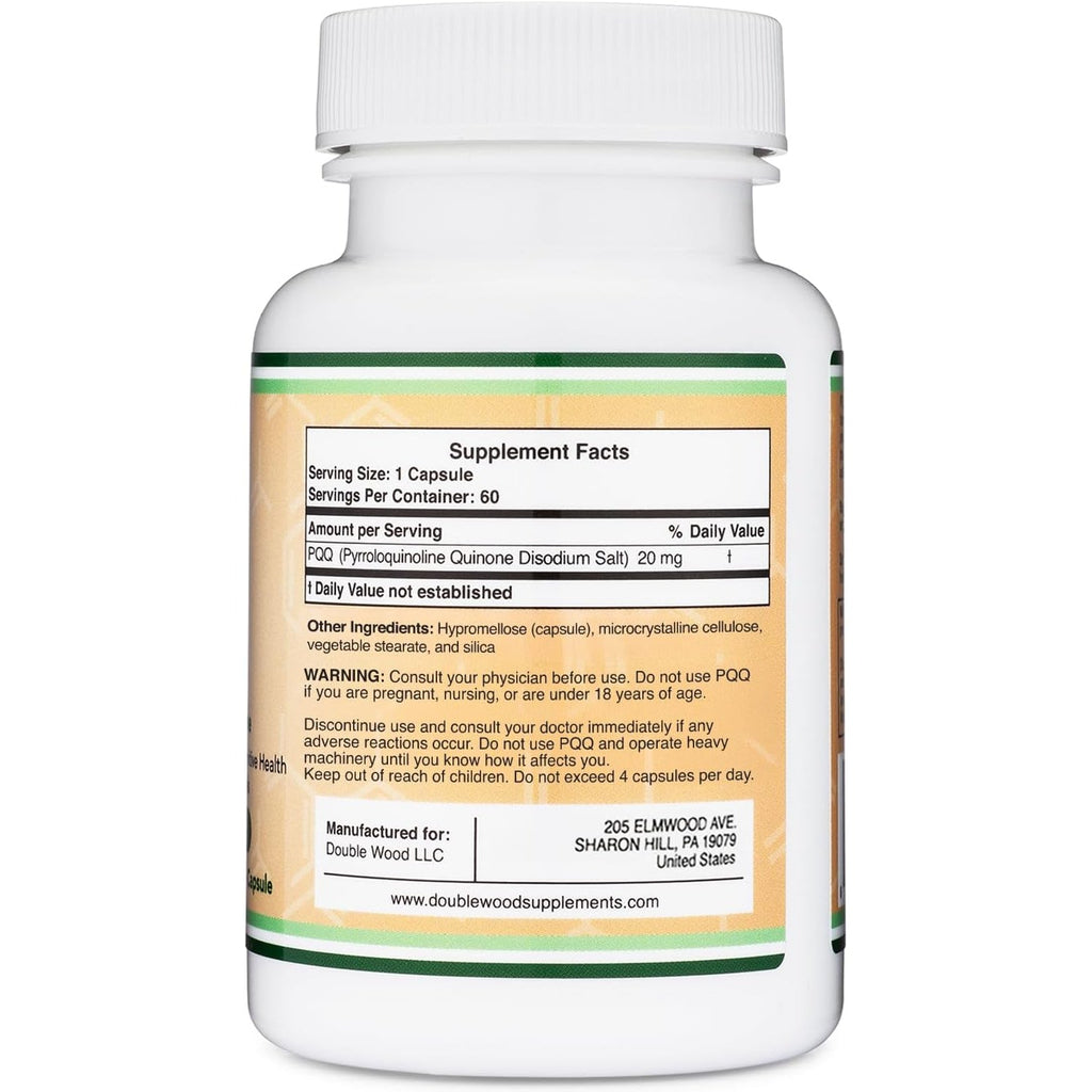 PQQ Supplement - 20Mg, 60 Capsules (Pyrroloquinoline Quinone) Promotes Mitochondria ATP Coenzyme Levels, Energy Optimizer and Sleep Support (Non-Gmo, Gluten Free, Vegan Safe) by Double Wood