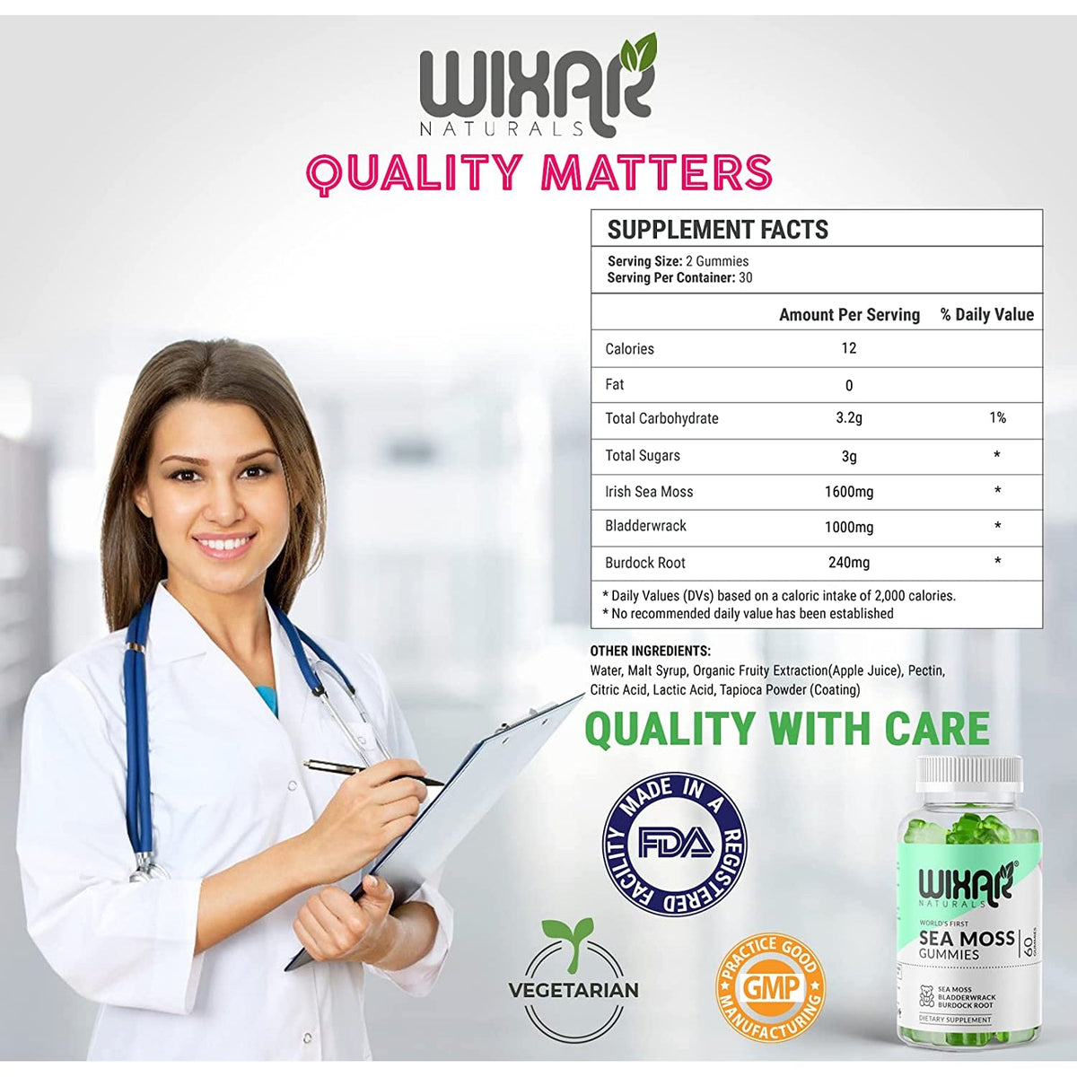 WIXAR NATURALS Sea Moss Gummies - Natural Irish Sea Moss and Bladderwrack with Burdock Gummy - 60 Gummies - Vegan - Healthy Immune, Gut & Overall Wellness Support - Herbal Alkaline Supplements