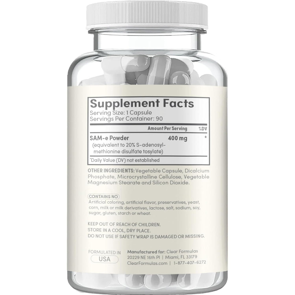 Clear Formulas Bioactive Sam-E 400Mg - High Strength Sam-E Supplement with Biologically Active S,S Form for Liver and Mood Support - Vegan Non-Gmo Preservative Free - Made in the US (90 Servings)