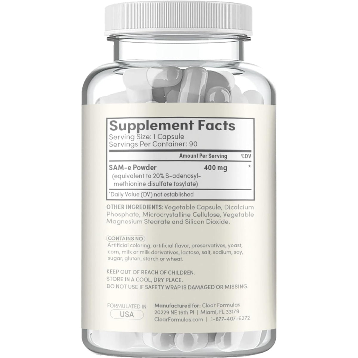 Clear Formulas Bioactive Sam-E 400Mg - High Strength Sam-E Supplement with Biologically Active S,S Form for Liver and Mood Support - Vegan Non-Gmo Preservative Free - Made in the US (90 Servings)
