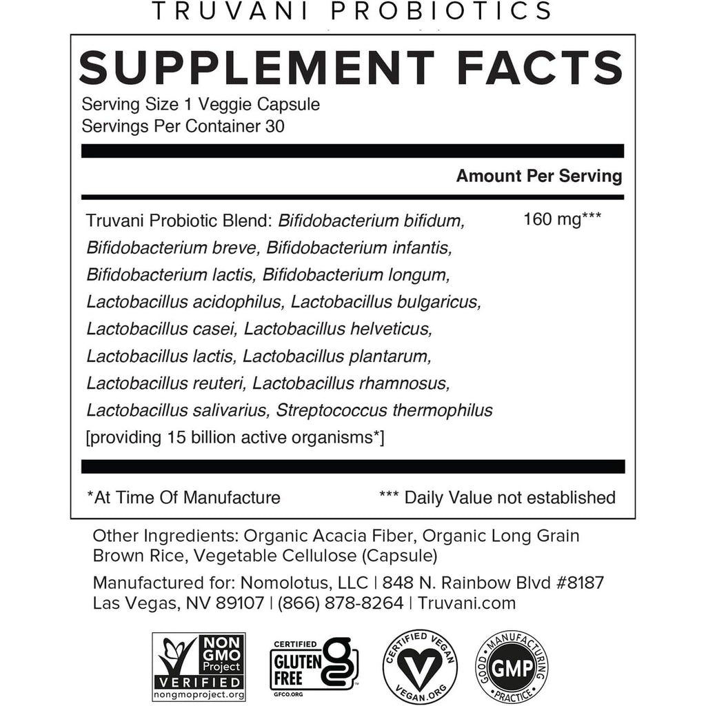 Truvani Probiotic Supplement | 30 Servings | 15 Billion CFU | 15 Diverse Strains for Digestive, Immune & Brain Health Support | Shelf-Stable Vegan Capsules | Non-Gmo, No Fillers