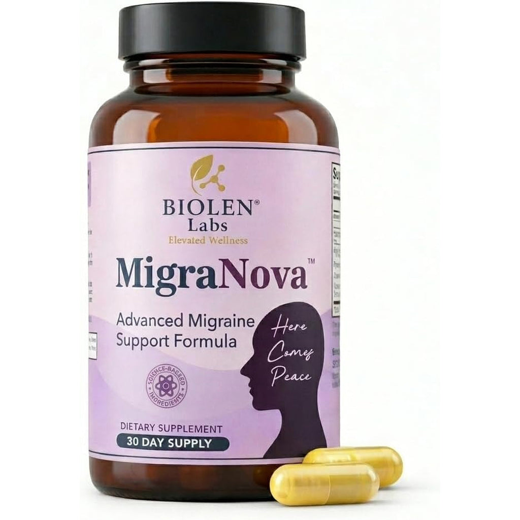 Migranova - Migraine Relief & Daily Prevention for Migraine Sufferers — Magnesium & Riboflavin B2 + Neurocalm Blend with Feverfew, Coq10, L-Theanine & Ginger, Vegan, Non-Gmo, USA Made, 60 Capsules