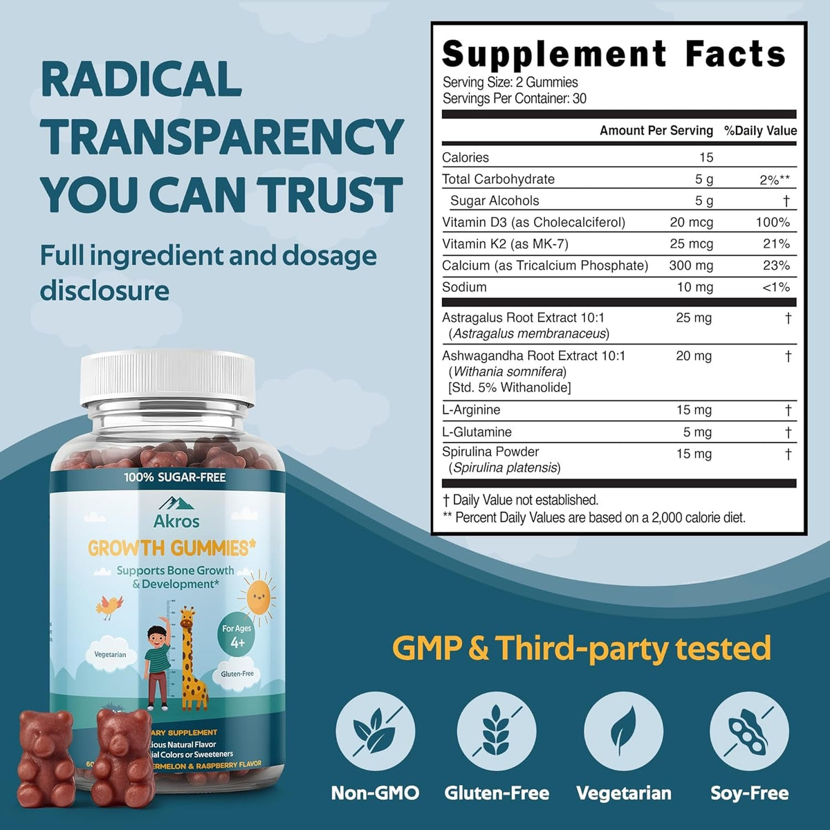 Akros Growth Gummies for Kids & Teens | Sugar-Free Calcium + Vitamin D3 & K2 Gummies - Height & Bone Support | Ashwagandha, Spirulina, L-Arginine | Non-Gmo, Gluten-Free, 60 Raspberry-Watermelon Bears